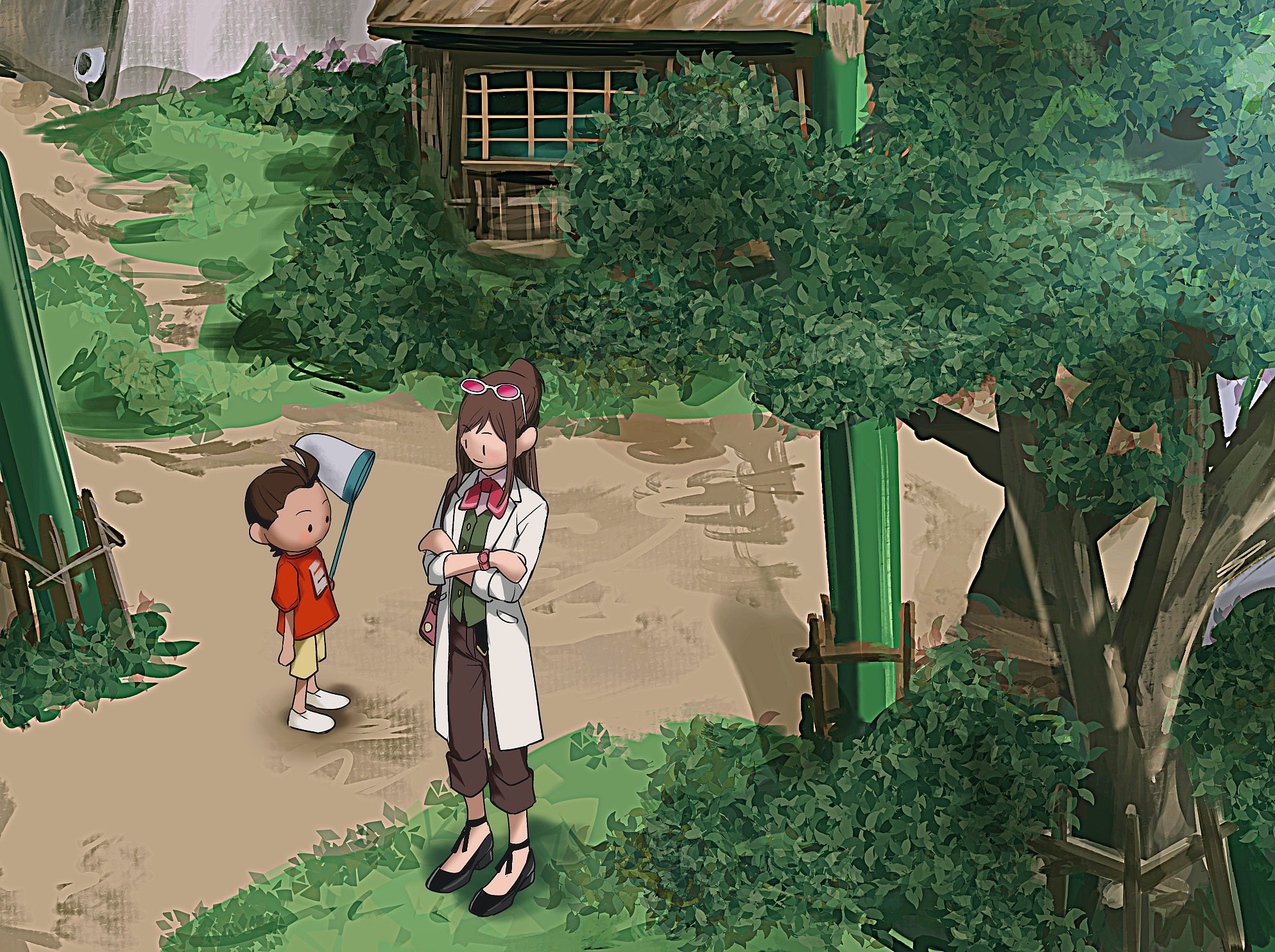 amikoiiko, apollo justice, ema skye, ace attorney, apollo justice: ace attorney, boku no natsuyasumi, commentary, highres, symbol-only commentary, 1boy, 1girl, aged down, alternate costume, ankle ribbon, antenna hair, badge, bag, belt, belt buckle, black belt, black shoes, brown bag, brown hair, brown pants, buckle, bush, butterfly net, button badge, cabin, closed mouth, collared shirt, crossed arms, deformed, eyewear on head, fake screenshot, full body, glasses, grass, green vest, half updo, hand net, holding, holding butterfly net, isometric, lab coat, lapels, leg ribbon, light smile, long hair, long sleeves, low block heels, neckerchief, no socks, notched lapels, pants, pink-tinted eyewear, pink shirt, pink wrist cuffs, pocket, ponytail, red neckerchief, red shirt, ribbon, round eyewear, shirt, shoes, short hair, shorts, shoulder bag, sleeves rolled up, sunglasses, tinted eyewear, tree, vest, waistcoat, watch, white-framed eyewear, white shoes, window, wrist cuffs, wristwatch, yellow shorts