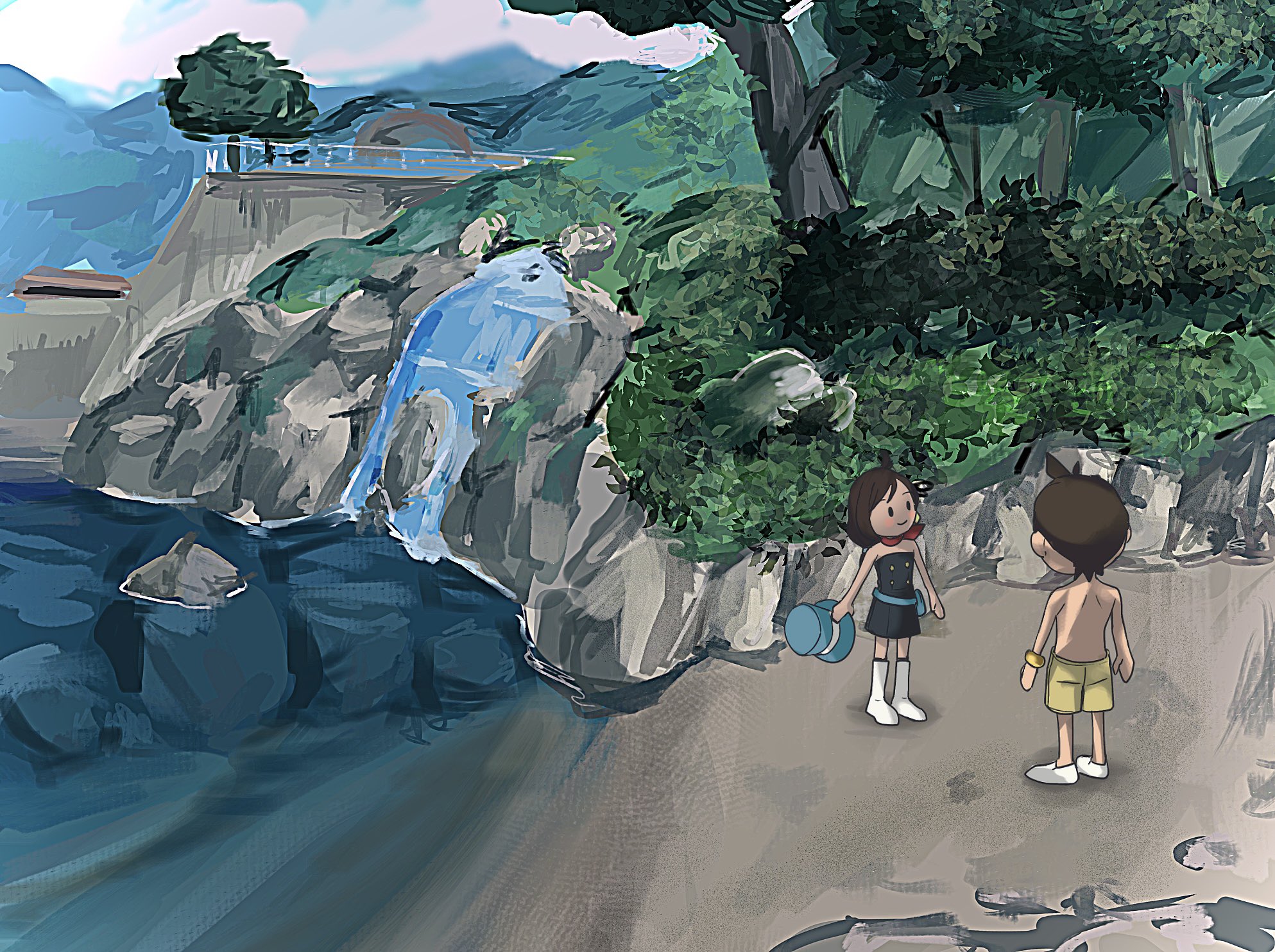 amikoiiko, apollo justice, trucy wright, ace attorney, apollo justice: ace attorney, boku no natsuyasumi, commentary, highres, symbol-only commentary, 1boy, 1girl, aged down, alternate costume, antenna hair, beach, black dress, black socks, blue hat, blush stickers, boots, bracelet, brown hair, bush, closed mouth, deformed, dress, facing another, facing away, fake screenshot, fanny pack, hat, holding, holding unworn clothes, holding unworn hat, isometric, jewelry, light smile, looking at another, medium hair, mountainous horizon, no socks, ocean, railing, red scarf, scarf, shoes, short hair, shorts, socks, strapless, strapless dress, top hat, topless male, tree, tube dress, unworn hat, unworn headwear, water, waterfall, white boots, white shoes, yellow shorts