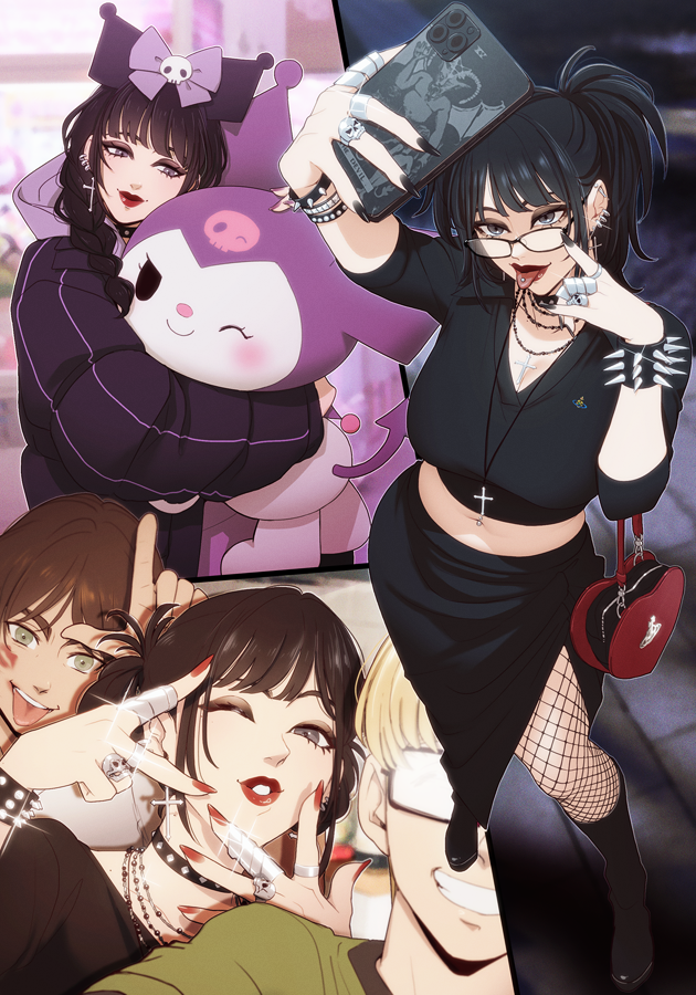 hanpetos, armin arlert, eren yeager, mikasa ackerman, shingeki no kyojin, commentary, symbol-only commentary, 1girl, 2boys, arm up, black boots, black choker, black hair, black lips, black nails, black shirt, black skirt, blonde hair, boots, bracelet, braid, breasts, brown hair, cellphone, choker, closed mouth, crop top, cross, cross earrings, cross necklace, ear piercing, earrings, fishnet pantyhose, fishnets, full body, glasses, glint, goth fashion, grey eyes, heart-shaped bag, holding, holding phone, jewelry, large breasts, lipstick mark, lipstick mark on cheek, long hair, looking at viewer, midriff, multiple boys, multiple rings, multiple views, nail polish, navel, navel piercing, necklace, one eye closed, pantyhose, phone, piercing, red lips, red nails, ring, selfie, shirt, short hair, side slit, skirt, skull ring, spiked bracelet, spikes, standing, tongue, tongue out, tongue piercing, twintails, upper body