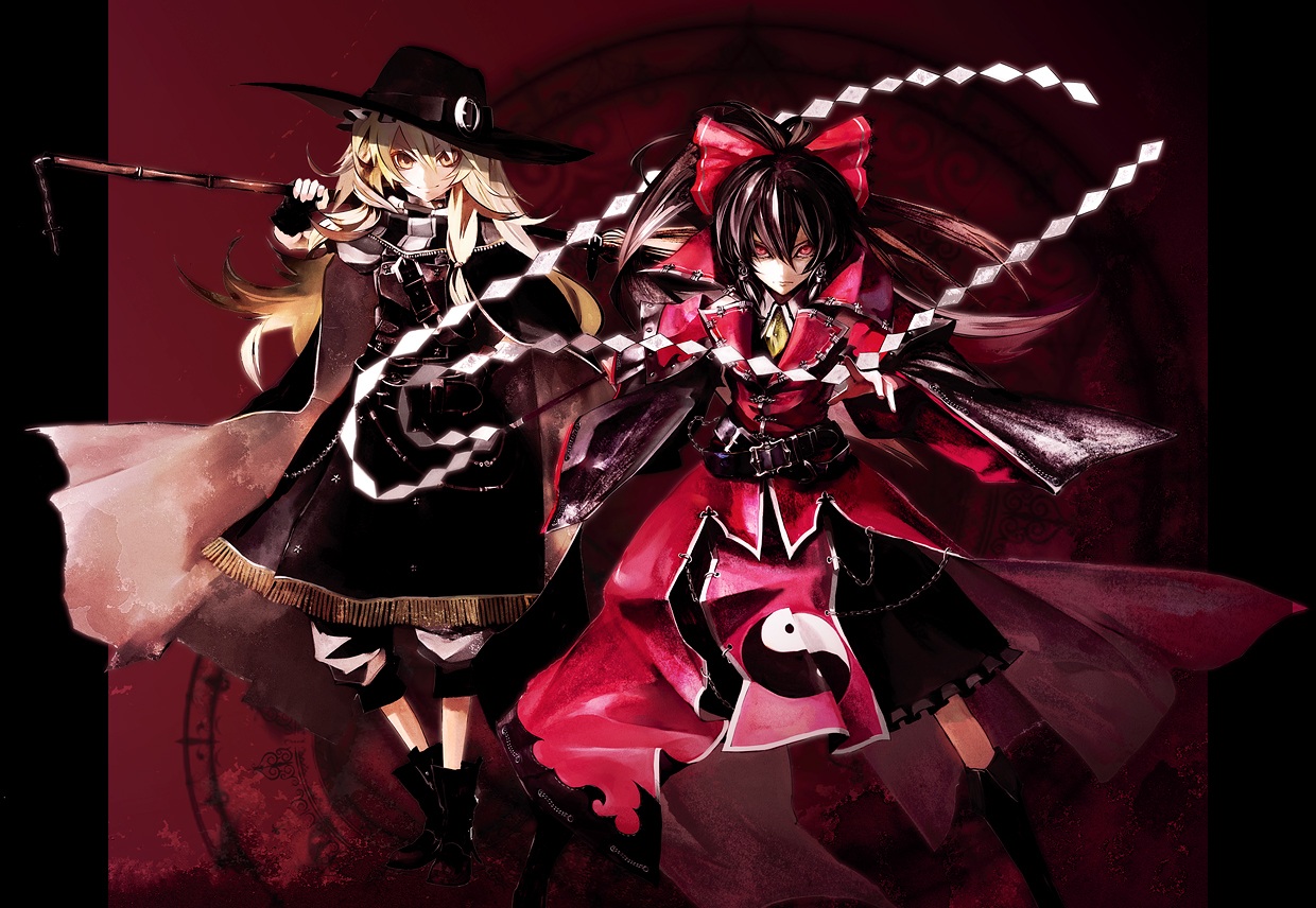 banpai akira, hakurei reimu, kirisame marisa, castlevania (series), koumajou densetsu, touhou, duplicate, 2girls, alternate costume, black hair, blonde hair, braid, broom, chain, female focus, gohei, hat, long hair, multiple girls, red eyes, short hair, yellow eyes