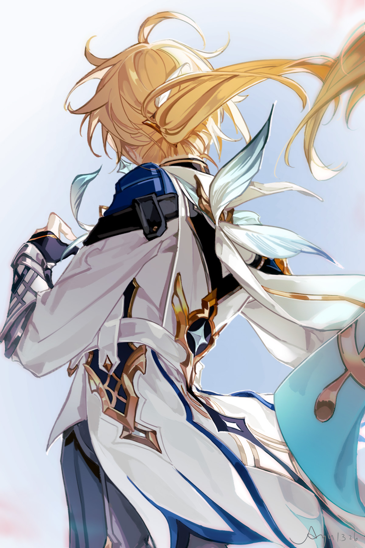 ljayu, aether (genshin impact), genshin impact, hashtag-only commentary, highres, 1boy, ahoge, blonde hair, faceless, from behind, gloves, hand up, long hair, long sleeves, male focus, messy hair, partially fingerless gloves, ponytail, solo