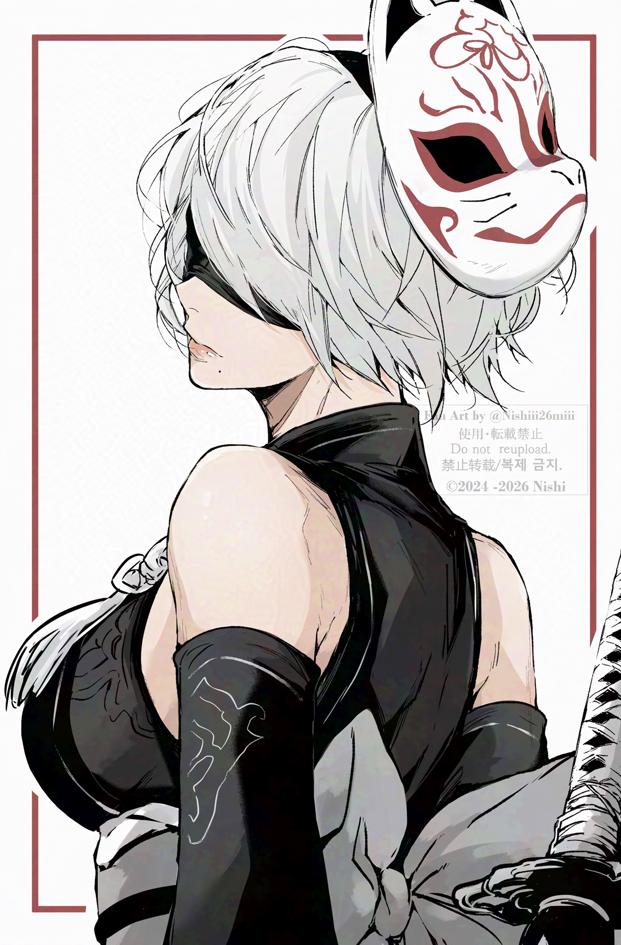 nishiii26miii, 2b (nier:automata), goddess of victory: nikke, nier:automata, nier (series), commentary, english commentary, highres, 1girl, back bow, bare shoulders, black hairband, black kimono, blindfold, bow, breasts, closed mouth, detached sleeves, fox mask, from side, grey bow, grey hair, grey sash, hairband, japanese clothes, kimono, large breasts, lips, mask, mask on head, mole, mole under eye, obi, official alternate costume, sash, short hair, simple background, solo, sword, twitter username, upper body, weapon, white background
