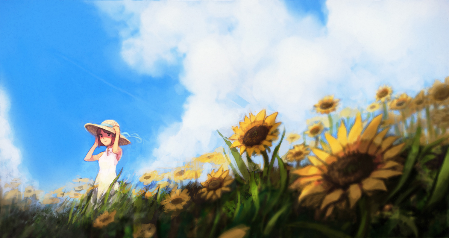 ekao, hagiwara yukiho, idolmaster, idolmaster (classic), namco, bad id, bad pixiv id, 00s, 1girl, brown hair, cloud, day, female focus, field, flower, flower field, hand on headwear, hat, short hair, sky, smile, solo, straw hat, sunflower, sunflower field
