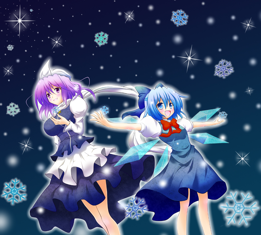 osashin (osada), cirno, letty whiterock, perfect cherry blossom, touhou, 2girls, blue eyes, blue hair, bow, breasts, dress, hair bow, hat, large breasts, multiple girls, outstretched arms, purple eyes, purple hair, scarf, short hair, snow, snowflakes, snowing, spread arms, white scarf, wings