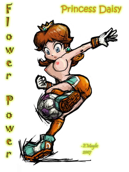 e maylic, princess daisy, mario (series), mario strikers (series), nintendo, super mario bros. 1, super mario land, super mario strikers, shoot, third-party edit, breasts, brown hair, crown, earrings, gloves, jewelry, nipples, playing sports, soccer, topfreedom, topless female