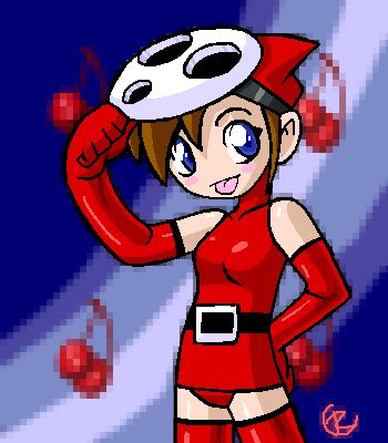 shy guy, nintendo, super mario bros. 1, lowres, :p, belt, blue eyes, breasts, brown hair, elbow gloves, flat chest, genderswap, gloves, glowes, mask, music, thighhighs, tongue