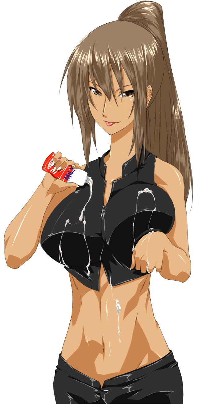 ksaiki, bad id, bad pixiv id, highres, 1girl, bad proportions, breasts, brown eyes, brown hair, dark-skinned female, dark skin, female focus, large breasts, long hair, milk, ponytail, sexually suggestive, solo, toned, toned female