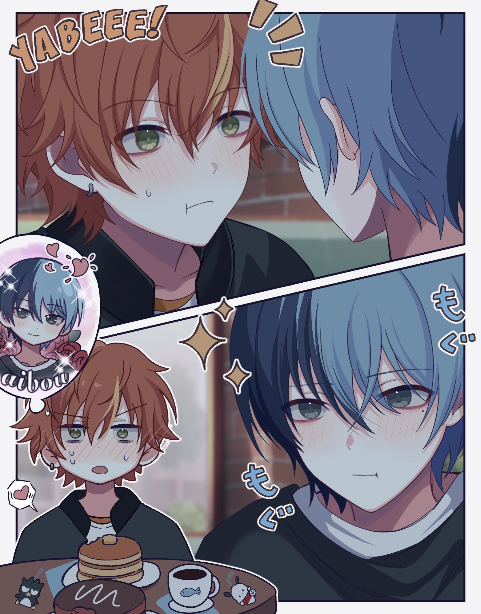 miyotastic, aoyagi touya, badtz-maru, pochacco, shinonome akito, project sekai, sanrio, commentary, english commentary, highres, 2boys, blush, charm (object), closed mouth, coffee, cup, earrings, eating, flower, food, green eyes, grey eyes, heart, jewelry, looking at another, male focus, mole, mole under eye, multicolored hair, multiple boys, orange hair, pancake, single earring, sparkle, table, yaoi