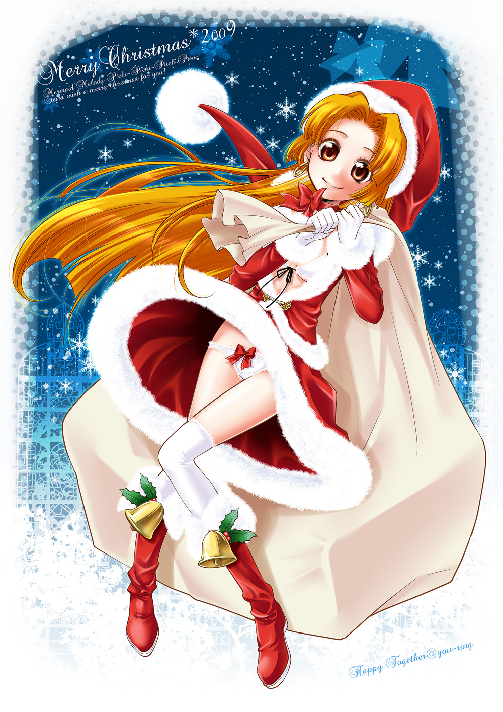 kitano tomotoshi, seira (mermaid melody pichi pichi pitch), mermaid melody pichi pichi pitch, highres, 00s, blonde hair, bra, brown eyes, lingerie, long hair, orange eyes, orange hair, panties, santa costume, solo, thighhighs, underwear, upskirt, white panties, white thighhighs, wind, wind lift