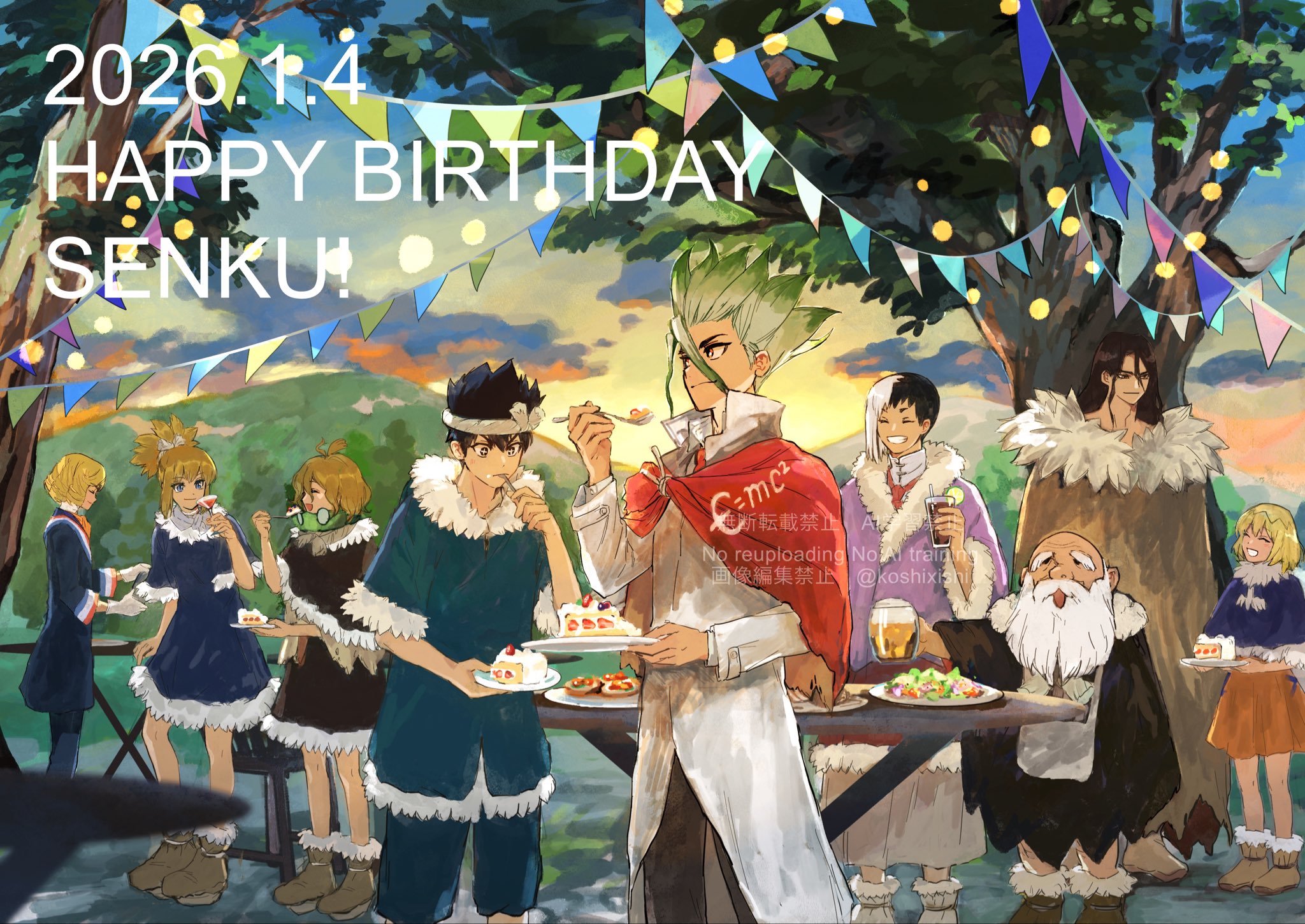 asagiri gen, chrome (dr. stone), francois (dr. stone), ishigami senkuu, kaseki (dr. stone), kohaku (dr. stone), shishiou tsukasa, suika (dr.stone), dr. stone, commentary request, highres, 1other, 3girls, 6+boys, alcohol, beard, beer, black hair, blonde hair, brothers, brown hair, cake, capelet, coat, cup, dated, dress, e=mc2 (equation), eating, facial hair, food, fur trim, green hair, happy birthday, holding, holding plate, juice, koshixishi, multicolored hair, multiple boys, multiple girls, mustache, open mouth, orange skirt, outdoors, plate, short hair, siblings, skirt, smile, spiked hair, string of flags, table, tree, white hair