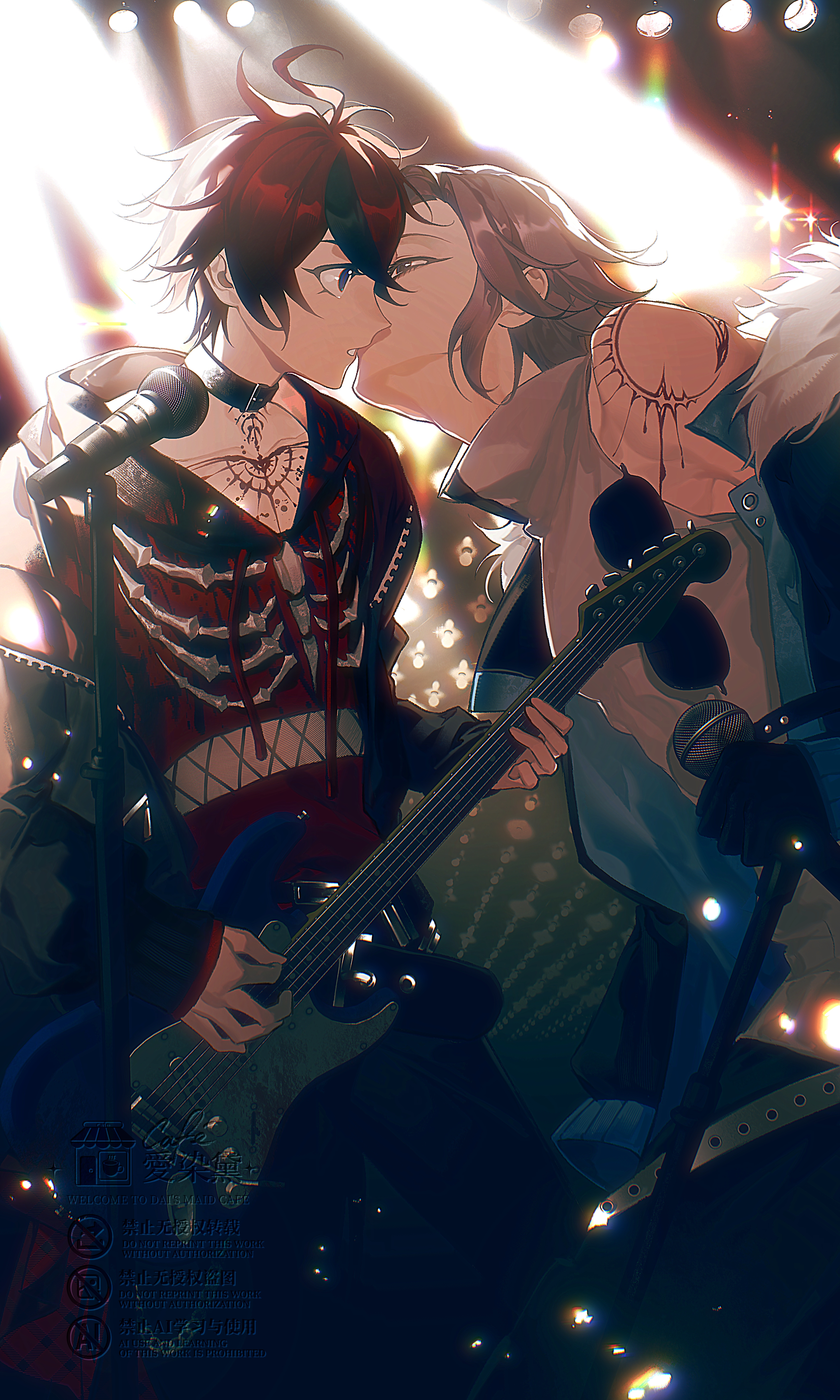 aizendai, aotsuki eito, sumino takumi, the hundred line -last defense academy-, absurdres, chinese commentary, commentary request, highres, 2boys, ahoge, black collar, black gloves, black jacket, black pants, black streaks, blue eyes, collar, collarbone, drawstring, gloves, grey hair, guitar, high collar, holding, holding guitar, holding instrument, holding microphone, hood, hoodie, instrument, jacket, jacket over hoodie, kiss, kissing cheek, male focus, microphone, microphone stand, multicolored hair, multiple boys, music, pants, playing instrument, red hair, red hoodie, shirt, short hair, shoulder tattoo, sleeveless, stage lights, streaked hair, sunglasses, tattoo, two-tone hair, unworn eyewear, watermark, white shirt, yaoi