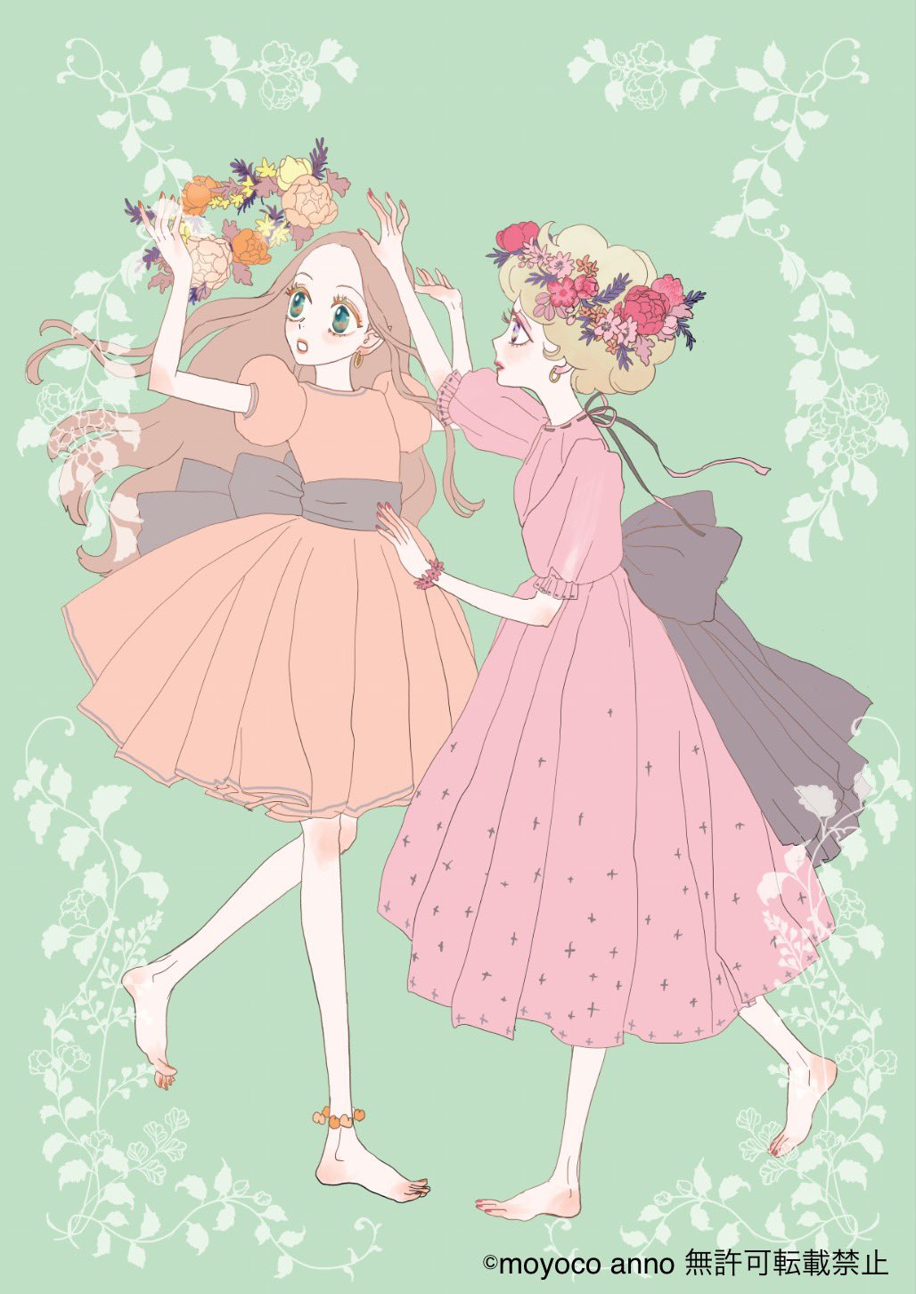 anno moyoco, chocolat meilleure, vanilla mieux, sugar sugar rune, commentary request, highres, 2girls, artist name, barefoot, blonde hair, bracelet, dress, earrings, flower wreath, full body, jewelry, long hair, multiple girls, orange hair, orange nails, puffy short sleeves, puffy sleeves, short hair, short sleeves