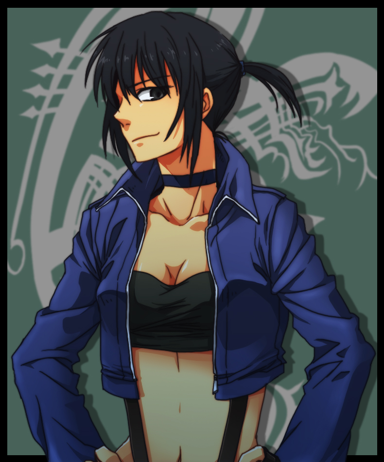 re ghotion, alphard (canaan), 428, 428: fuusa sareta shibuya de, canaan (series), chunsoft, bad id, bad pixiv id, 1girl, black eyes, black hair, breasts, choker, cleavage, female focus, jacket, large breasts, midriff, ponytail, profile, smile, solo, suspenders