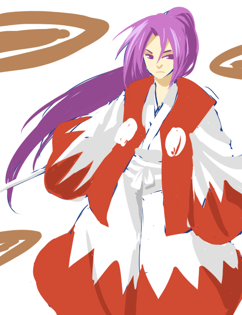 re ghotion, meira (touhou), the story of eastern wonderland, touhou, touhou (pc-98), 1girl, empty eyes, female focus, hakama, hakama pants, japanese clothes, long sleeves, pants, ponytail, purple eyes, samurai, sketch, solo, sword, weapon, wide sleeves