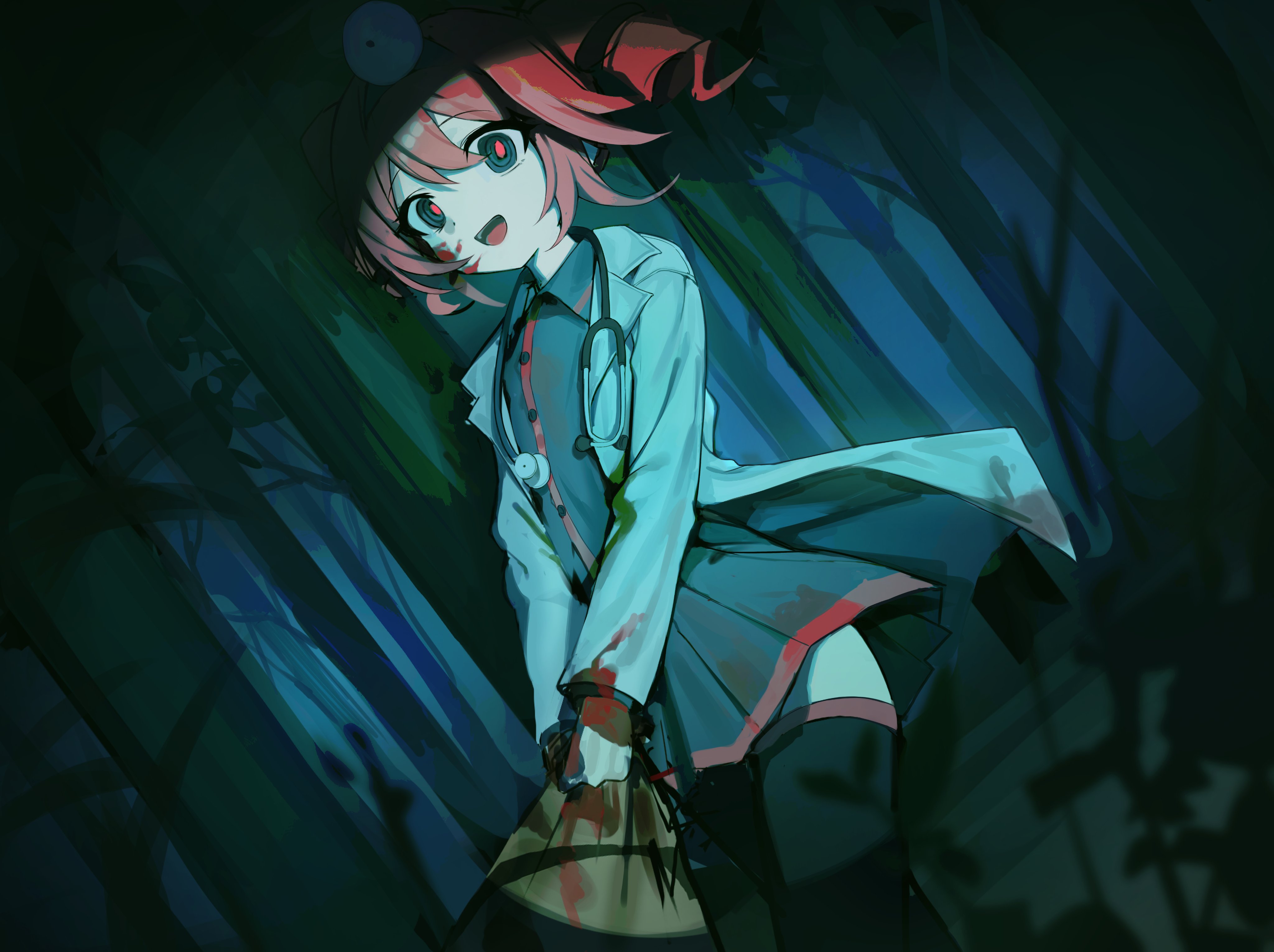 kyamimasita, kasane teto, kasane teto (utau), utau, absurdres, highres, 1girl, black eyes, black shirt, black skirt, black thighhighs, blood, blood on clothes, blood on face, blood on hands, coat, collared shirt, dragging, drill hair, empty eyes, forest, hair between eyes, head mirror, lab coat, long sleeves, looking at viewer, nature, open clothes, open coat, open mouth, outdoors, pleated skirt, red hair, red pupils, ringed eyes, shirt, skirt, smile, solo, stethoscope, thighhighs, tree, twin drills, white coat, wing collar