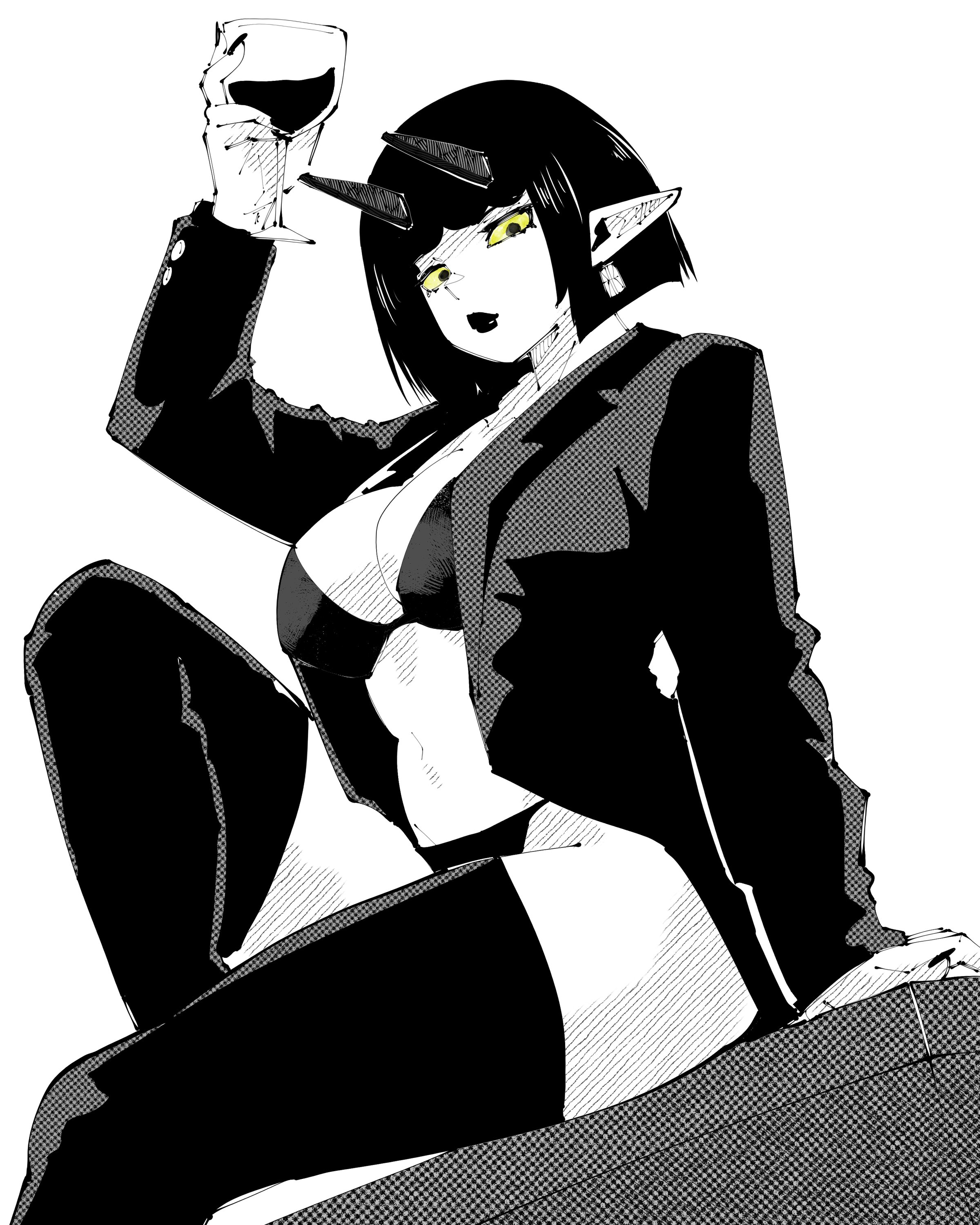 miregeist, original, absurdres, highres, 1girl, alcohol, arm support, arm up, blunt bangs, bob cut, bra, breasts, closed mouth, colored sclera, cup, drinking glass, earrings, greyscale, hatching (texture), holding, holding cup, horns, jacket, jewelry, knees up, large breasts, linear hatching, lipstick, long sleeves, looking at viewer, makeup, monochrome, open clothes, open jacket, panties, pointy ears, short hair, simple background, sitting, solo, spot color, thighhighs, underwear, white background, wine, wine glass, yellow sclera