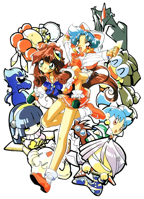 suzuki noritaka, corvette hiyards, kaidou extra, mimu emilton, ranrang palpu, ruka essenpolka, simmons layla-b., suzukaze shion, idol project, non-web source, official art, 1990s (style), anger vein, arms up, black hair, blue hair, brown eyes, carrying, chibi, hair ornament, long hair, miniskirt, outstretched arms, piggyback, pink hair, pink shoes, pink skirt, pleated skirt, red hair, retro artstyle, shoes, short hair, simple background, skirt, spread arms, white background