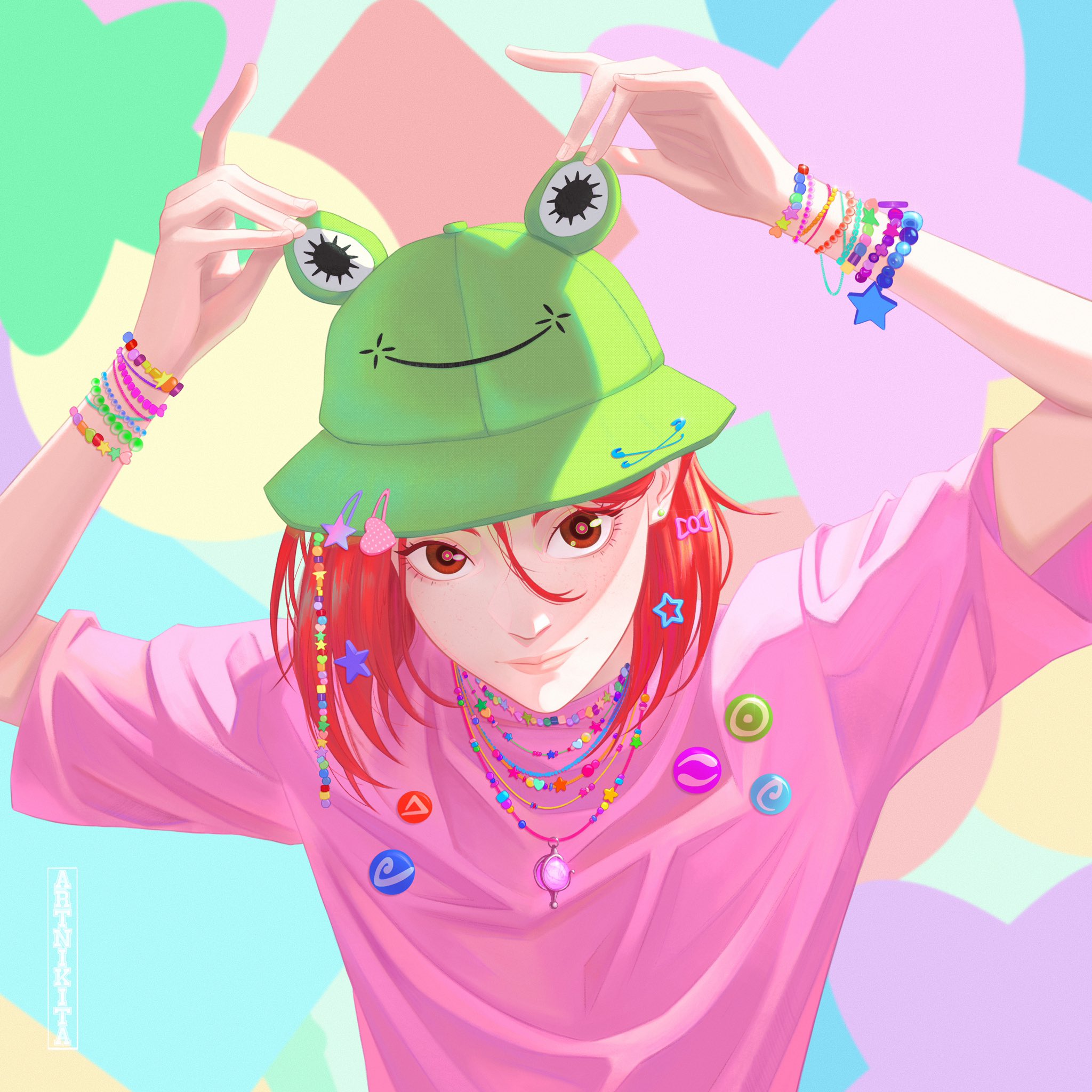 artnikita, will vandom, w.i.t.c.h., commentary, highres, 1girl, arm up, bracelet, green hat, hair behind ear, hair between eyes, hat, jewelry, looking at viewer, pendant, pink shirt, red hair, shirt, short hair, solo, t-shirt, upper body