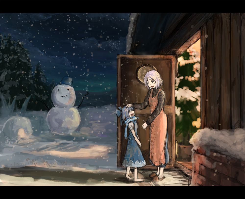 you (shimizu), cirno, letty whiterock, perfect cherry blossom, touhou, bad id, bad pixiv id, 2girls, barefoot, letterboxed, multiple girls, scarf, short hair, snowman, winter
