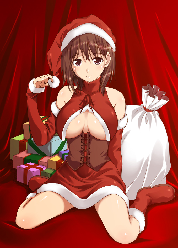 ribucci, anegasaki nene, love plus, bad id, bad pixiv id, 1girl, bare shoulders, boots, breasts, brown hair, bustier, christmas, cleavage, detached sleeves, female focus, gift, hat, kneeling, large breasts, looking at viewer, mole, mole under eye, purple eyes, sack, santa costume, santa hat, sitting, solo, underboob, wariza