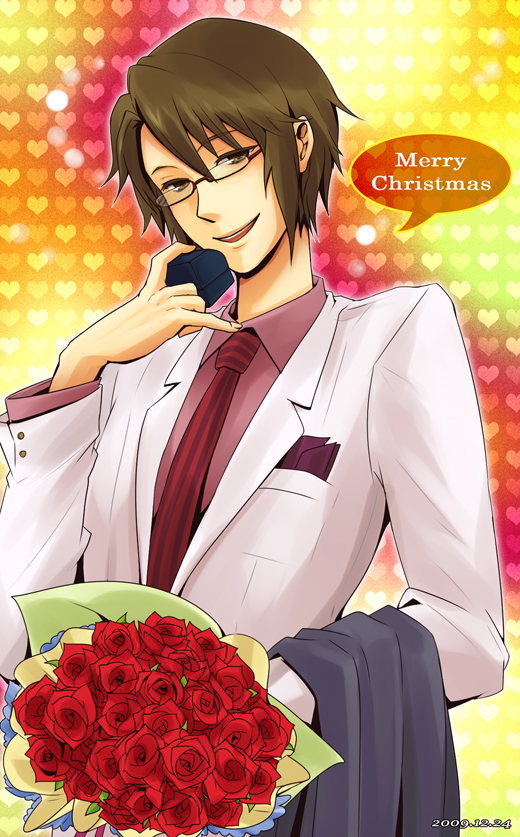 eringi oishii, koizumi itsuki, suzumiya haruhi no yuuutsu, bad id, bad pixiv id, 00s, bouquet, box, brown eyes, brown hair, flower, formal clothes, glasses, male focus, rose, solo, suit