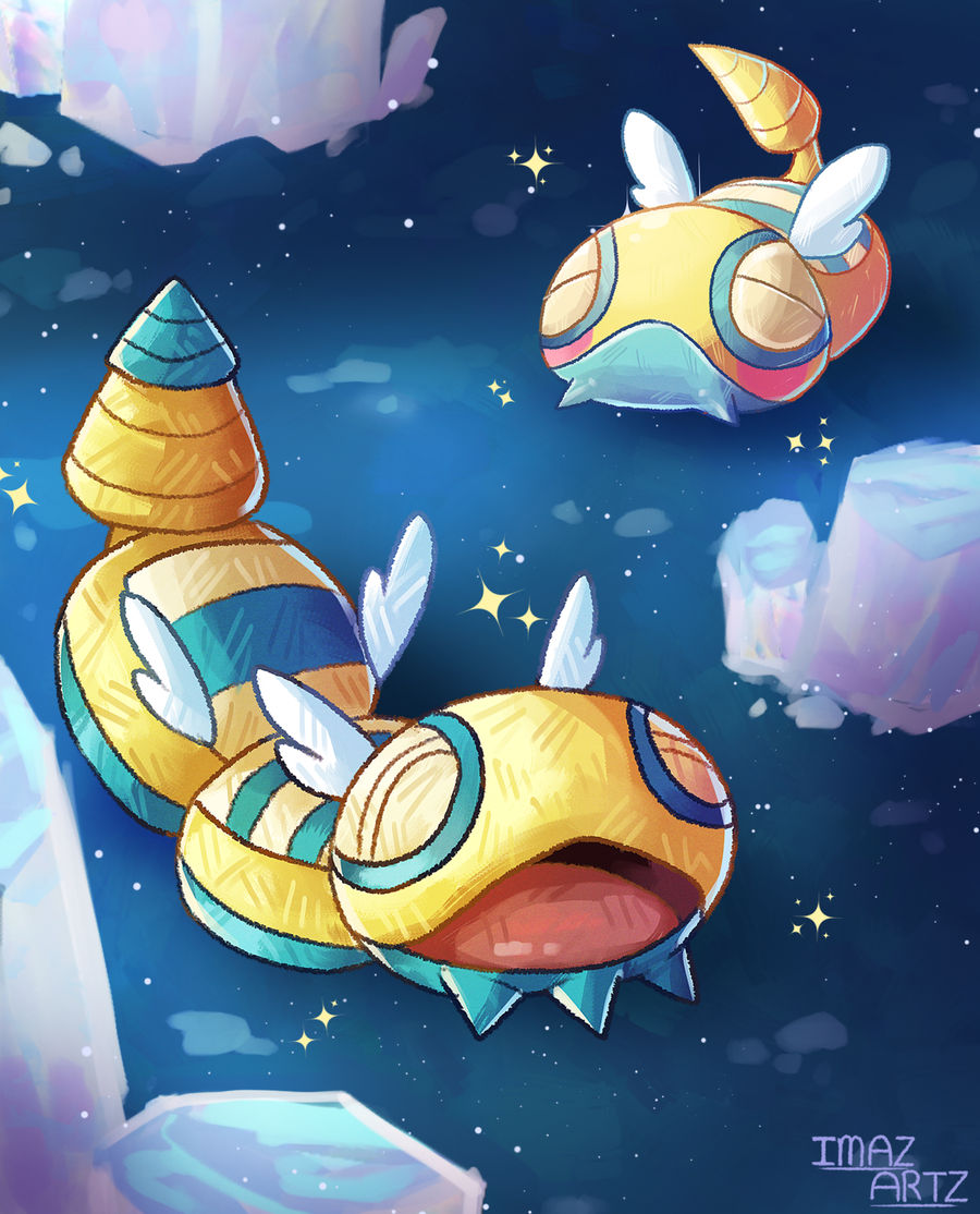 imazartz, dudunsparce, dudunsparce (two-segment), dunsparce, nintendo, pokemon, commentary, english commentary, animal focus, artist name, closed eyes, closed mouth, crystal, evolutionary line, full body, gen 2 pokemon, no humans, open mouth, pokemon (creature), pokemon focus, smile, sparkle, wings