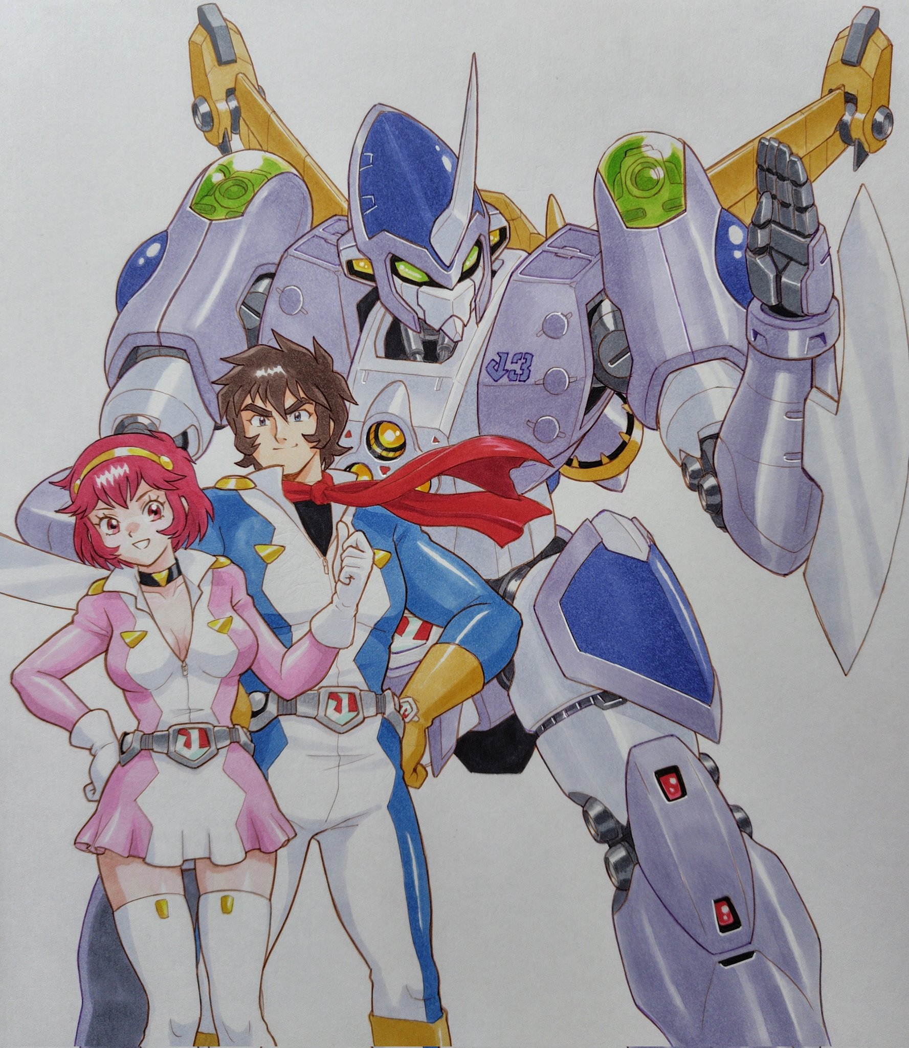 mizutani kenta, character request, commentary request, highres, traditional media, 1boy, 1girl, arm blade, belt, black choker, black eyes, black shirt, blue bodysuit, bodysuit, boots, breasts, brown hair, choker, cleavage, closed mouth, dress, gloves, green eyes, grey belt, hairband, hand on own hip, hand up, horns, j-3 byfon, joint robo, large breasts, looking at viewer, mecha, open mouth, pink dress, red eyes, red hair, red scarf, robot, scarf, shirt, short dress, short hair, simple background, single horn, smile, standing, thighhighs, thrusters, weapon, white background, white gloves, white thighhighs, yellow boots, yellow gloves, yellow hairband, zettai ryouiki