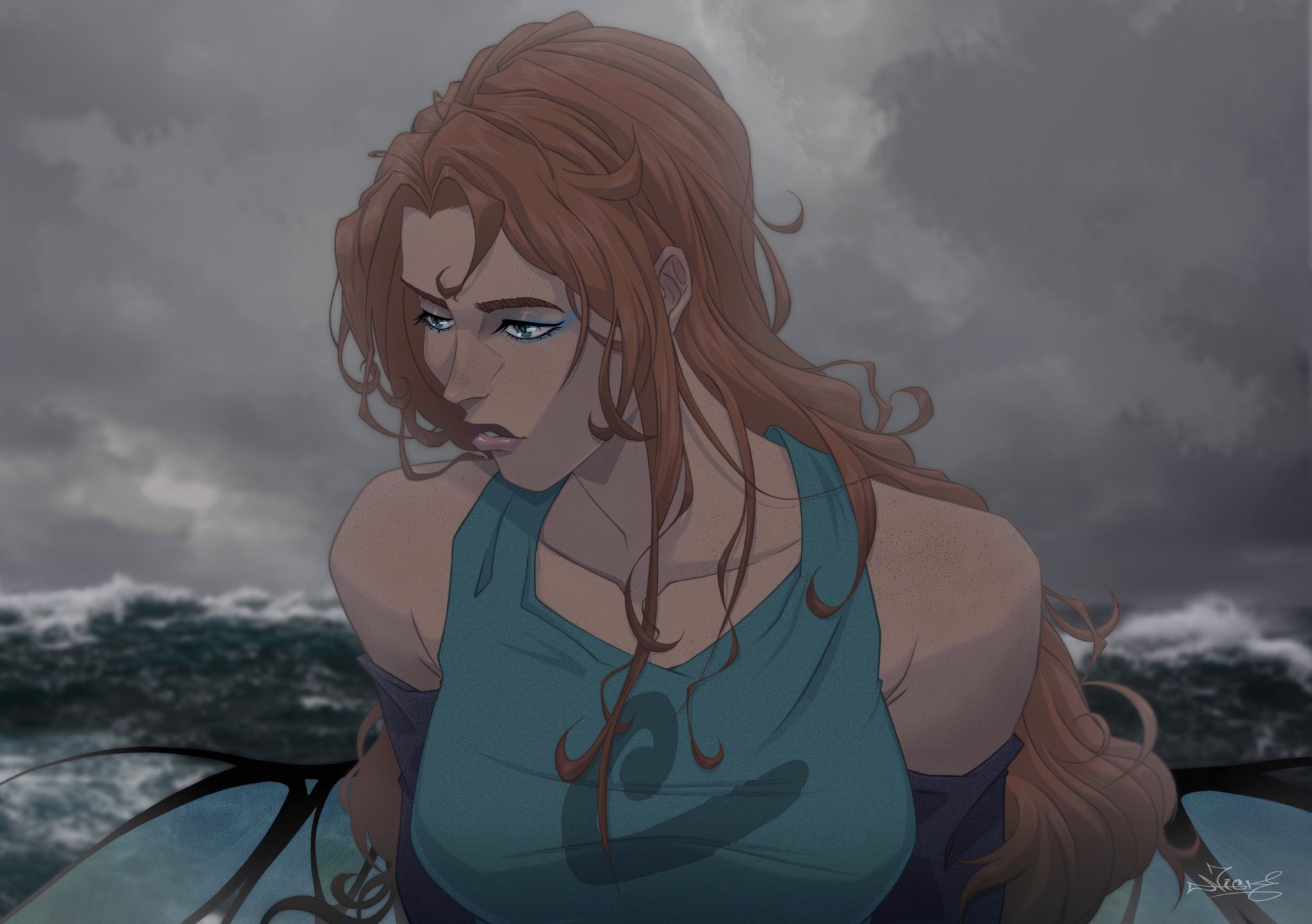 artnikita, irma lair, w.i.t.c.h., commentary request, highres, 1girl, blue eyes, blue eyeshadow, brown hair, cloud, cloudy sky, eyeshadow, fairy wings, long hair, looking to the side, makeup, parted lips, russian commentary, sidelocks, sky, solo, upper body, wings