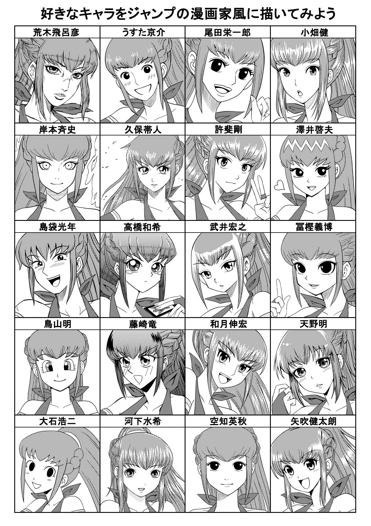 amano akira, araki hirohiko, hamu agaki, kishimoto masashi, konomi takeshi, kubo tite, oda eiichirou, shimabukuro mitsutoshi, toriko (hatoriko), amemiya sayaka, toriko, bleach, bobobo-bo bo-bobo, death note, dragon ball, gintama, houshin engi, hunter x hunter, ichigo 100%, jojo no kimyou na bouken, katekyo hitman reborn!, naruto (classic), naruto (series), one piece, osu! tatakae! ouendan, pyuu to fuku! jaguar, rurouni kenshin, shaman king, tennis no ouji-sama, to love-ru, toriko (series), yu-gi-oh!, yu-gi-oh! duel monsters, highres, translated, 1girl, araki hirohiko (style), chart, company connection, detached sleeves, greyscale, heart, monochrome, multiple style parody, parody, ponytail, style parody, toriyama akira (style), v