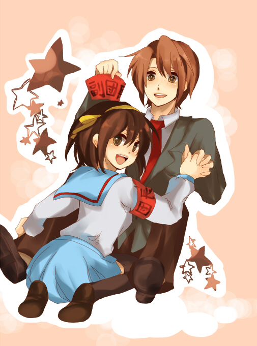 asaki hiyori, koizumi itsuki, suzumiya haruhi, suzumiya haruhi no yuuutsu, bad id, bad pixiv id, 00s, 1boy, 1girl, armband, brown eyes, brown hair, hair ribbon, hetero, holding hands, ribbon, school uniform, serafuku, short hair, star (symbol)