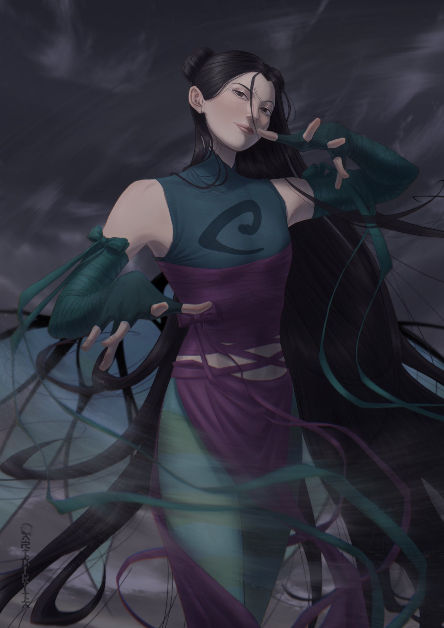 artnikita, hay lin, w.i.t.c.h., commentary, english commentary, highres, 1girl, black hair, closed mouth, cowboy shot, double bun, fingerless gloves, floating hair, gloves, hair bun, long hair, looking at viewer, magical girl, pantyhose, pelvic curtain, sleeveless, smile, solo, very long hair