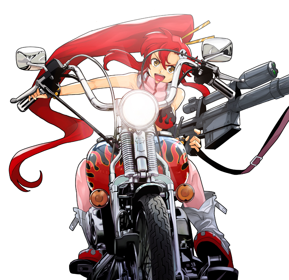 boyaking, yoko littner, tengen toppa gurren lagann, vehicle, 00s, 1girl, boots, brown eyes, female focus, fire, gun, hair ornament, long hair, motor vehicle, motorcycle, ponytail, red hair, scarf, solo, thighhighs, weapon
