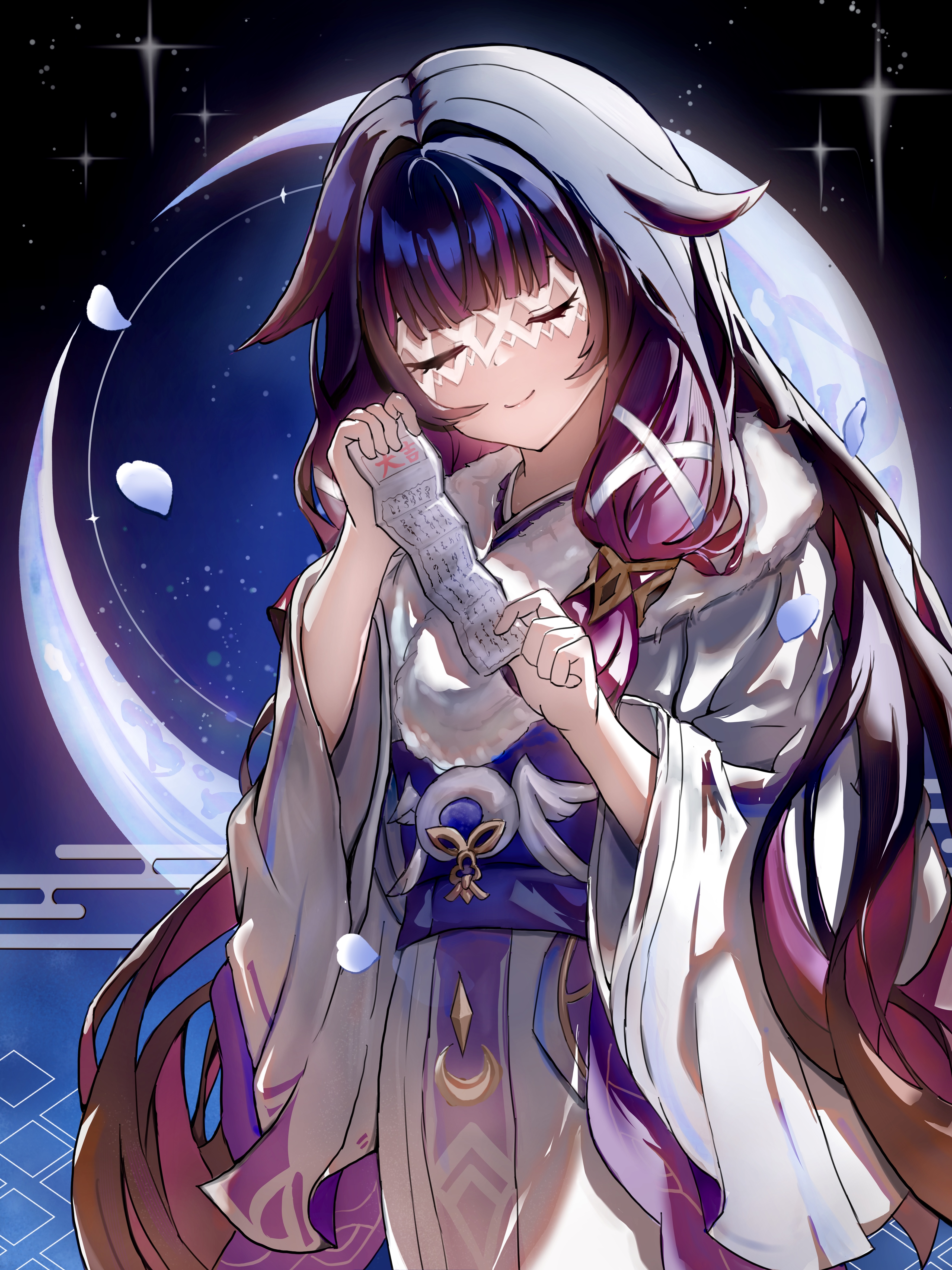 columbina (genshin impact), genshin impact, absurdres, commentary request, highres, 1girl, alternate costume, black hair, closed eyes, closed mouth, cowboy shot, crescent moon, eye mask, facing viewer, fur-trimmed kimono, fur trim, gradient hair, hair ribbon, hands up, haru tuku, holding omikuji, japanese clothes, kimono, long sleeves, mask, moon, multicolored hair, new year, omikuji, purple hair, ribbon, smile, solo, star (sky), starry sky background, white kimono, white mask, wide sleeves