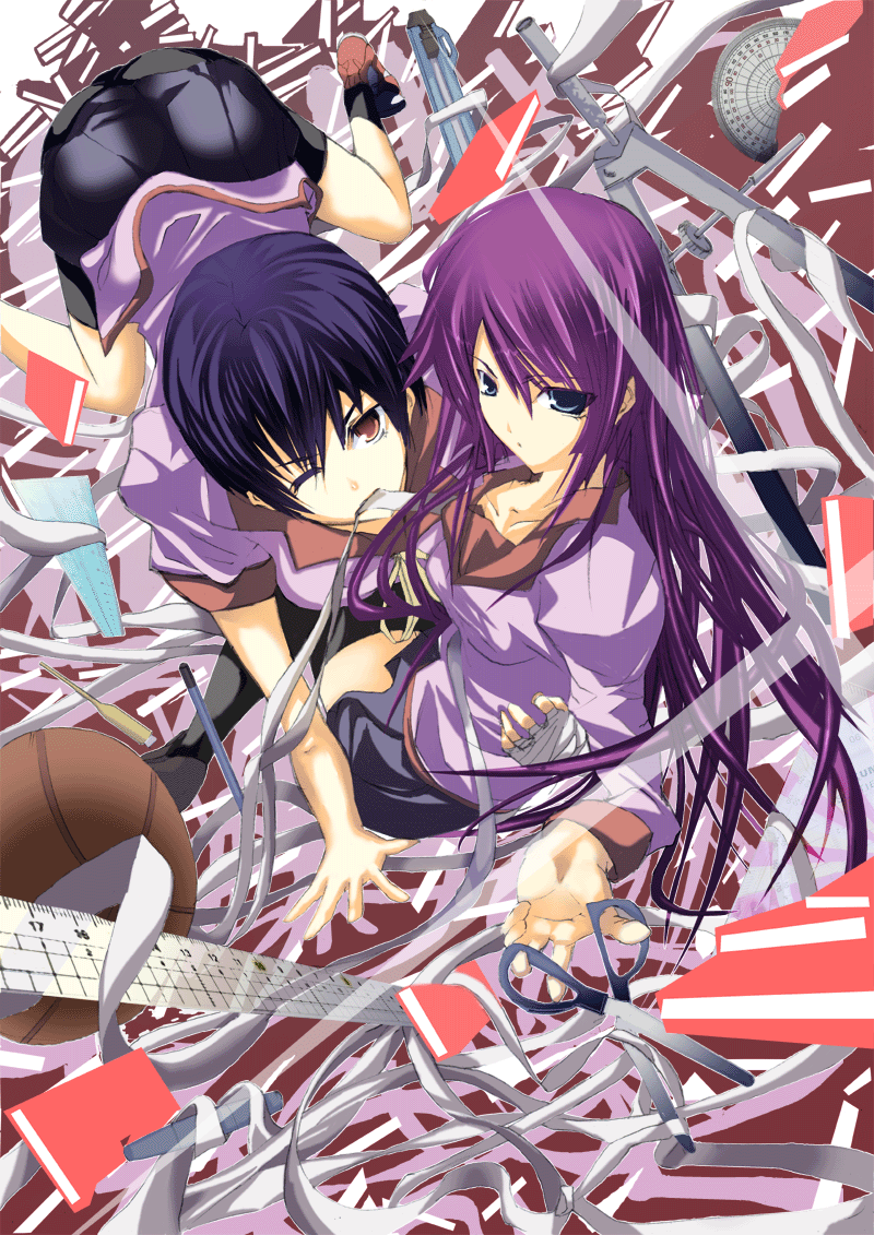 yuu (asaiyuji), kanbaru suruga, senjougahara hitagi, bakemonogatari, monogatari (series), 00s, 2girls, bandages, bike shorts, multiple girls, school uniform, yuri