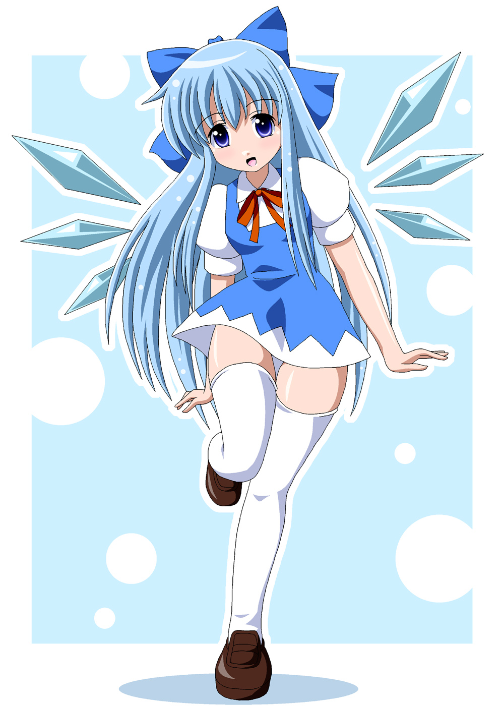 imai kazunari, cirno, embodiment of scarlet devil, touhou, bad id, bad pixiv id, highres, 1girl, aged up, alternate hair length, alternate hairstyle, blue hair, female focus, long hair, ribbon, solo, thigh gap, thighhighs, thighs
