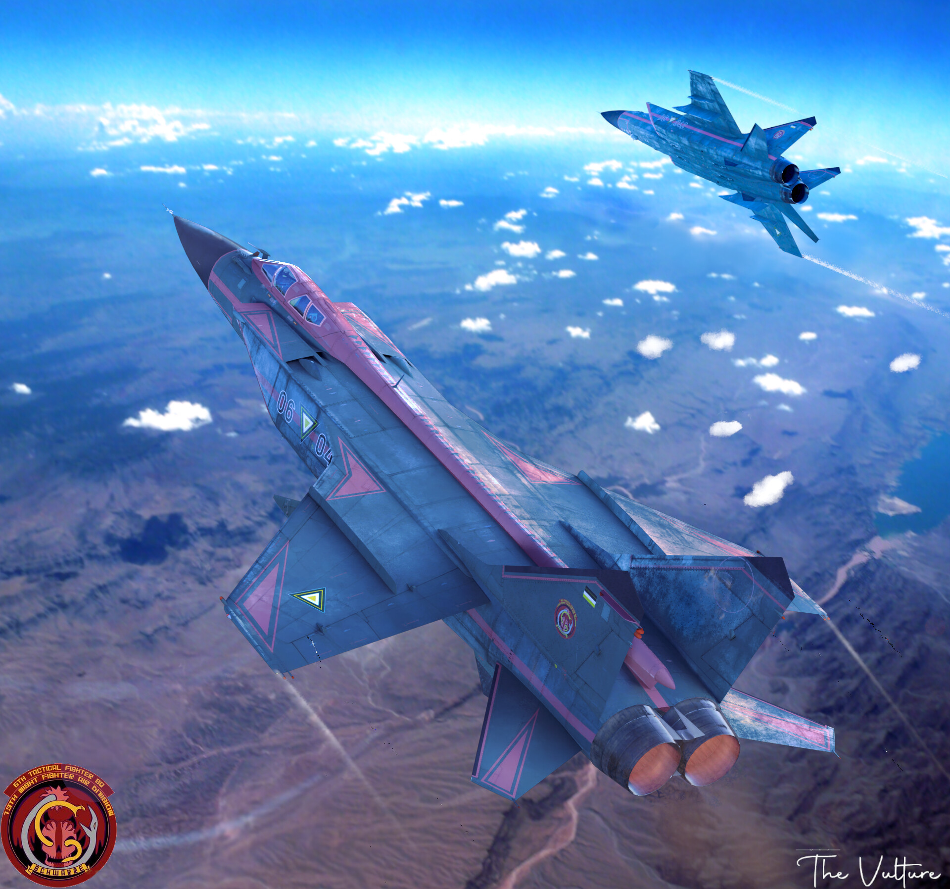 mig-31, ace combat, ace combat zero, highres, afterburner, belkan flag, blue sky, cloud, contrail, desert, dominic zubov, emblem, horizon, kettlechippy, military vehicle, plateau, sky