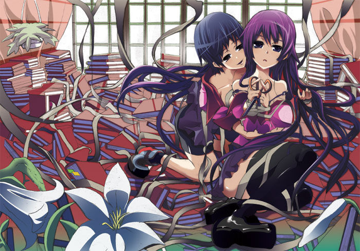 yuu (asaiyuji), kanbaru suruga, senjougahara hitagi, bakemonogatari, monogatari (series), 00s, 2girls, bike shorts, flower, lilies, lily (flower), multiple girls, school uniform, scissors, yuri