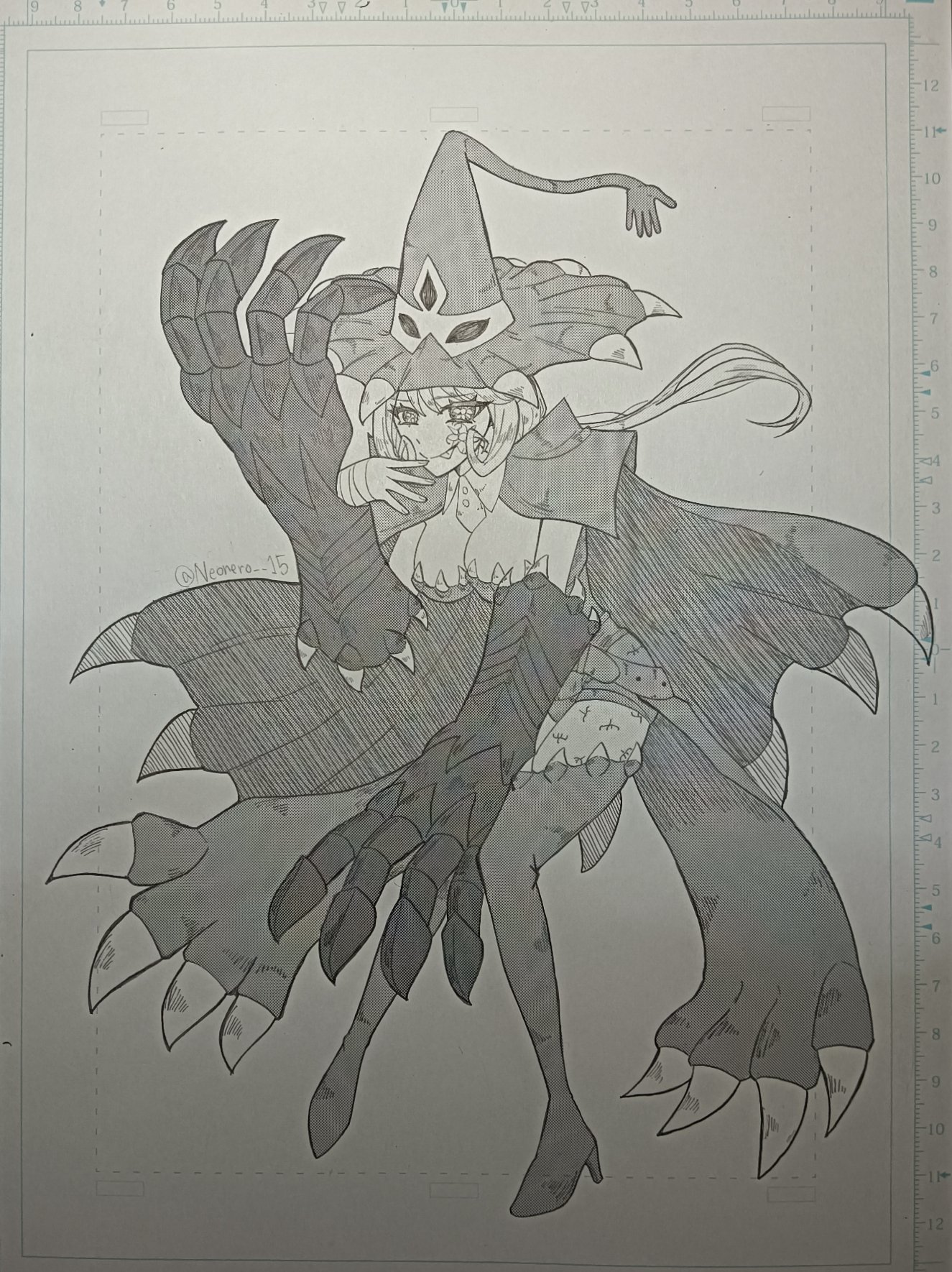 warudamon, digimon, digimon universe: appli monsters, highres, traditional media, appmon, claws, hat, long hair, neonero 15, pointy ears, witch hat