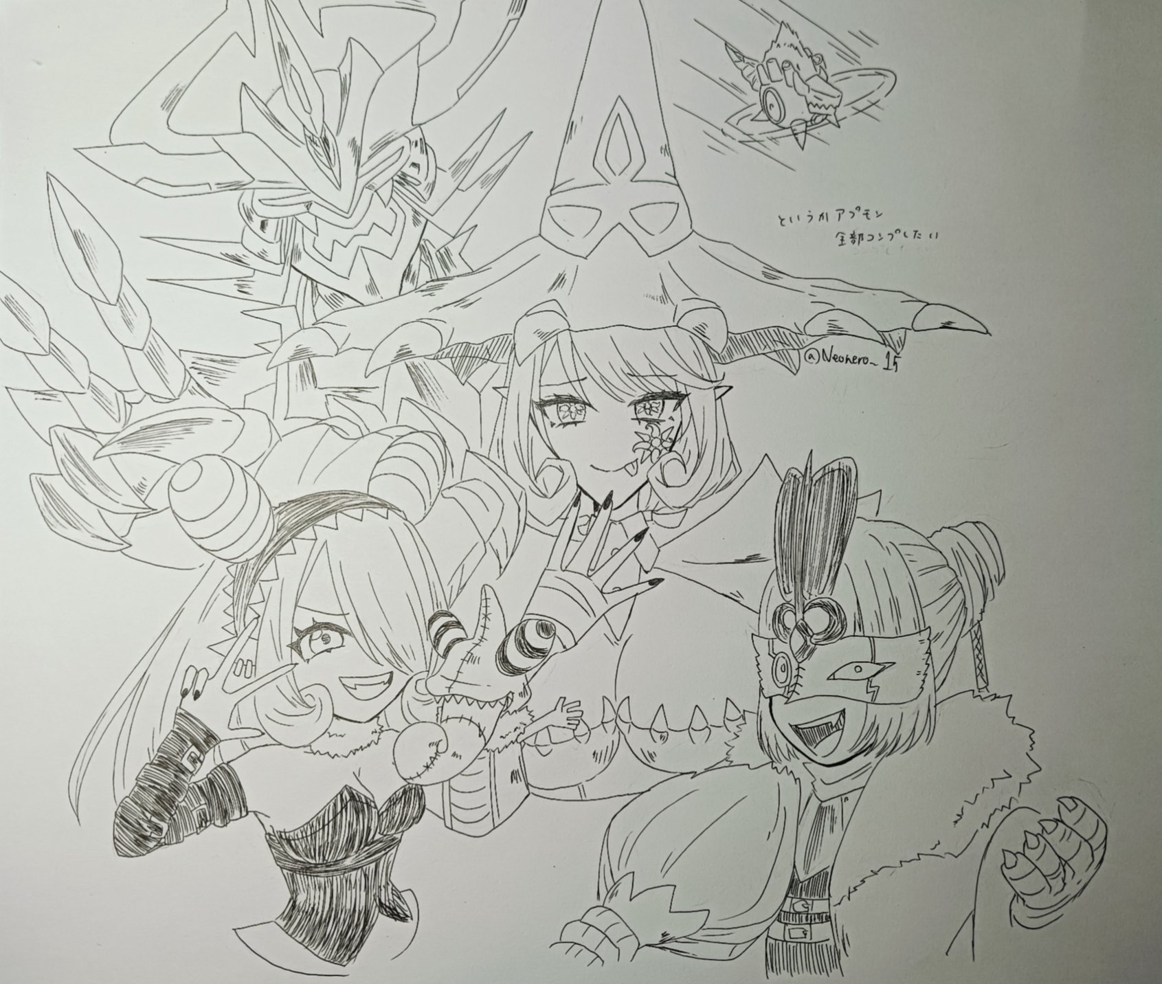 cometmon, deusmon, mienumon, sakusimon, warudamon, digimon, digimon universe: appli monsters, highres, traditional media, translation request, appmon, chameleon, claws, dress, hat, long hair, neonero 15, one eye covered, pointy ears, puppet, tiara, witch hat