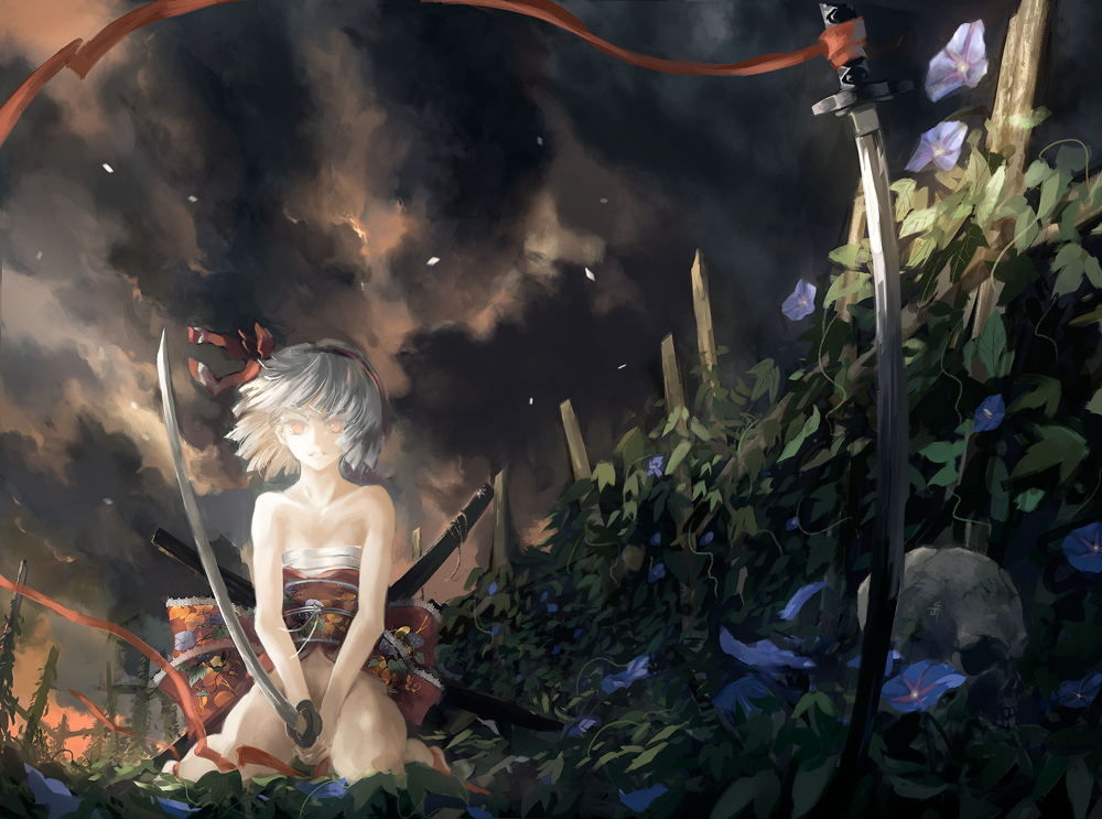 archlich, konpaku youmu, touhou, silver hair, bad id, bad pixiv id, 1girl, bottomless, cloud, female focus, flower, hairband, japanese clothes, katana, kneeling, no shirt, obi, petals, sarashi, sash, sitting, skull, sky, solo, sword, sword on back, weapon, weapon on back, wind, yellow eyes