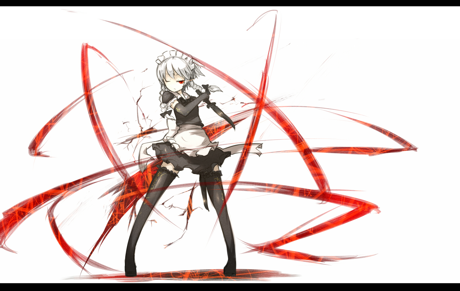 ganesagi, izayoi sakuya, touhou, silver hair, bad id, bad pixiv id, 1girl, black theme, black thighhighs, braid, elbow gloves, female focus, gloves, knife, letterboxed, maid, no nose, one eye closed, red eyes, solo, thighhighs, throwing knife, twin braids, weapon, wink