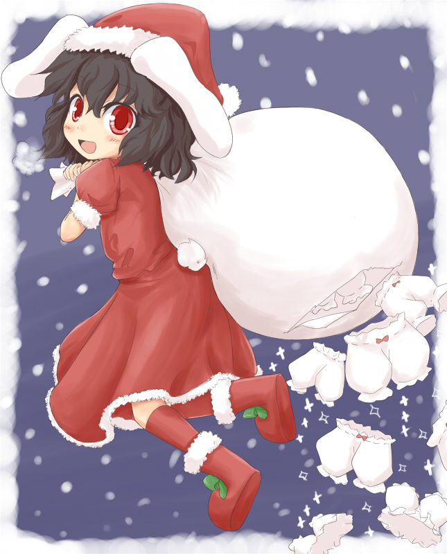 mokuyou, inaba tewi, touhou, 1girl, animal ears, bloomers, christmas, female focus, full body, outdoors, rabbit ears, santa costume, solo, underwear