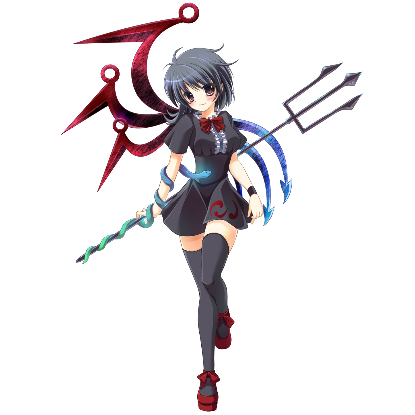 kino konomi, konomi (kino konomi), houjuu nue, team shanghai alice, touhou, bad id, bad pixiv id, highres, md5 mismatch, 1girl, black hair, black thighhighs, bow, brown eyes, female focus, polearm, short hair, smile, snake, solo, spear, thighhighs, weapon, wings, zettai ryouiki