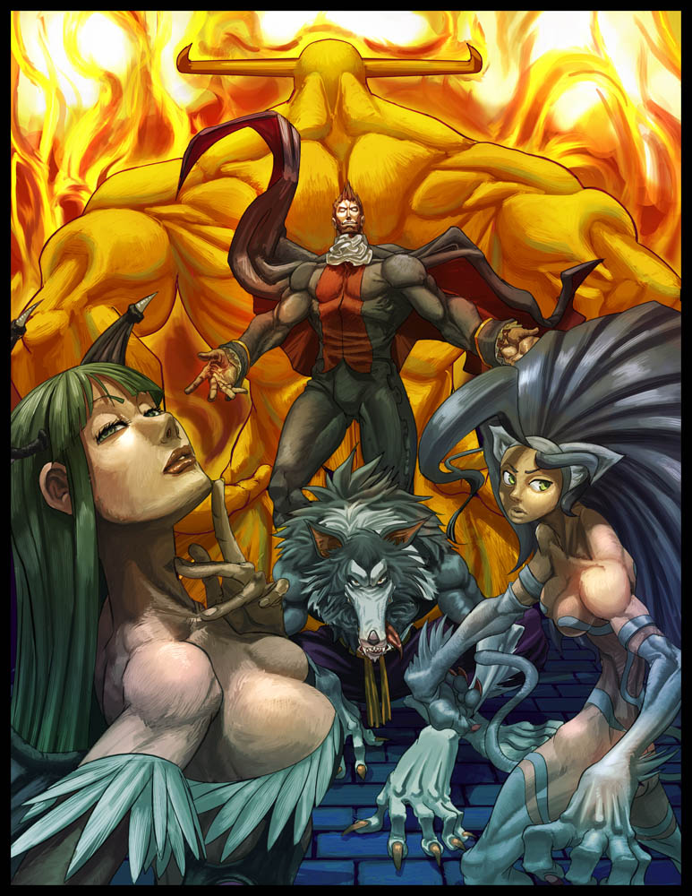 brolo, demitri maximoff, felicia (darkstalkers), jon talbain, morrigan aensland, capcom, darkstalkers, 2boys, 2girls, animal ears, animal hands, bat wings, blue hair, breasts, cape, cat ears, cat tail, claws, cleavage, demon girl, elbow gloves, fangs, gloves, green eyes, head wings, large breasts, lips, long hair, multiple boys, multiple girls, muscular, tail, teeth, werewolf, wings