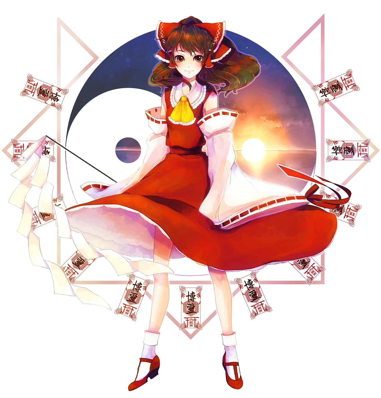 kyachi, pepepo, hakurei reimu, touhou, bad id, bad pixiv id, highres, 1girl, bow, brown hair, detached sleeves, female focus, gohei, hair bow, japanese clothes, long hair, miko, ofuda, ribbon, solo, yin yang