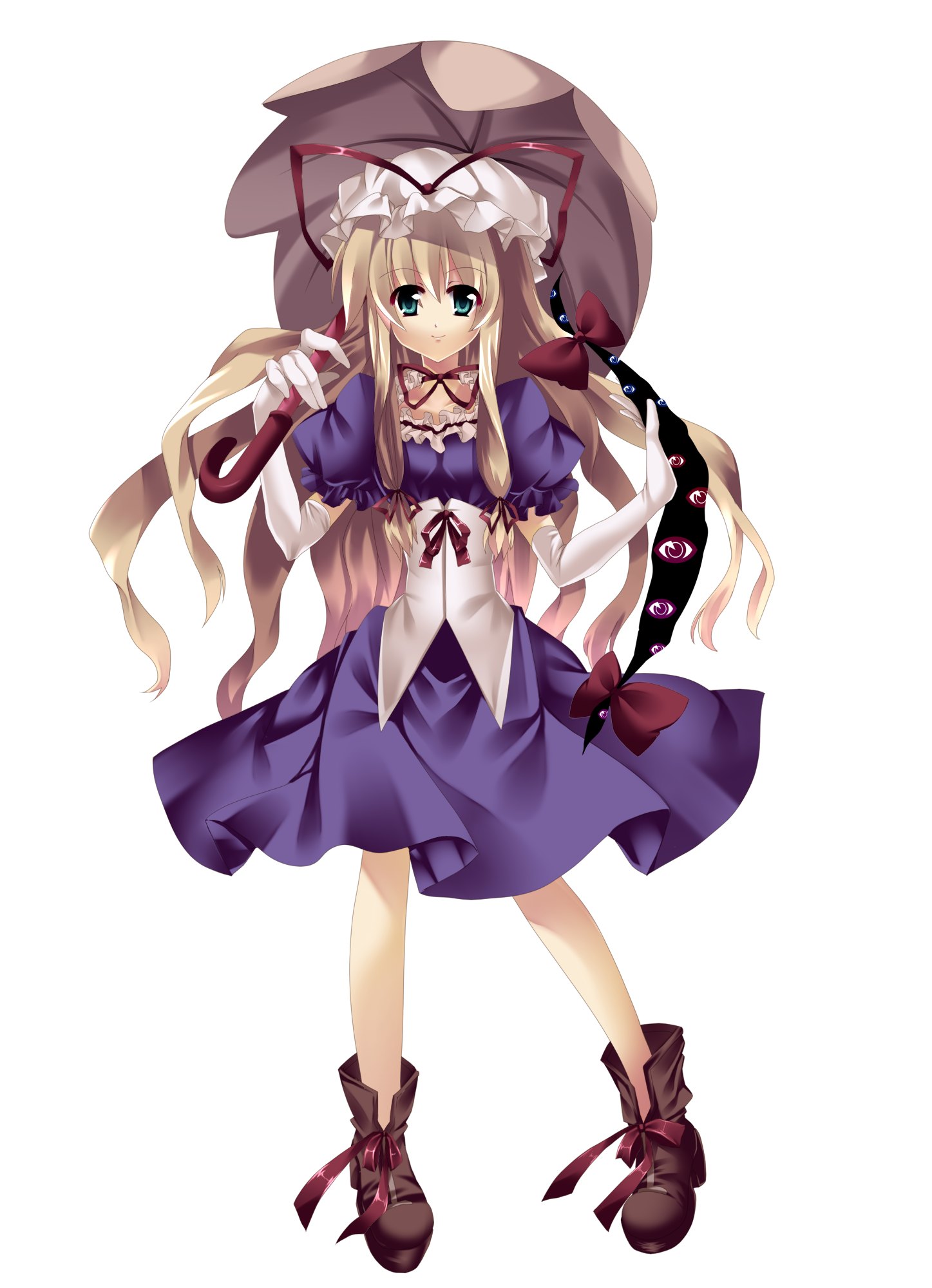 tatsuyoshi, yakumo yukari, yakumo yukari (young), touhou, bad id, bad pixiv id, highres, 1girl, aged down, blonde hair, choker, corset, dress, elbow gloves, female focus, full body, gap (touhou), gloves, green eyes, hat, long hair, parasol, solo, transparent background, umbrella