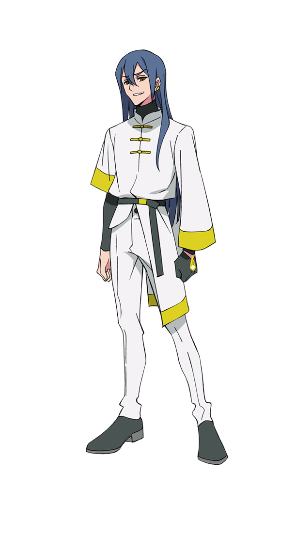 digimon, digimon beatbreak, commentary request, official art, 1boy, black gloves, black hair, black shoes, coat, full body, gem, gloves, kanada genjo, male focus, pants, parted lips, shoes, simple background, single glove, smirk, solo, transparent background, white coat, white pants, yellow gem