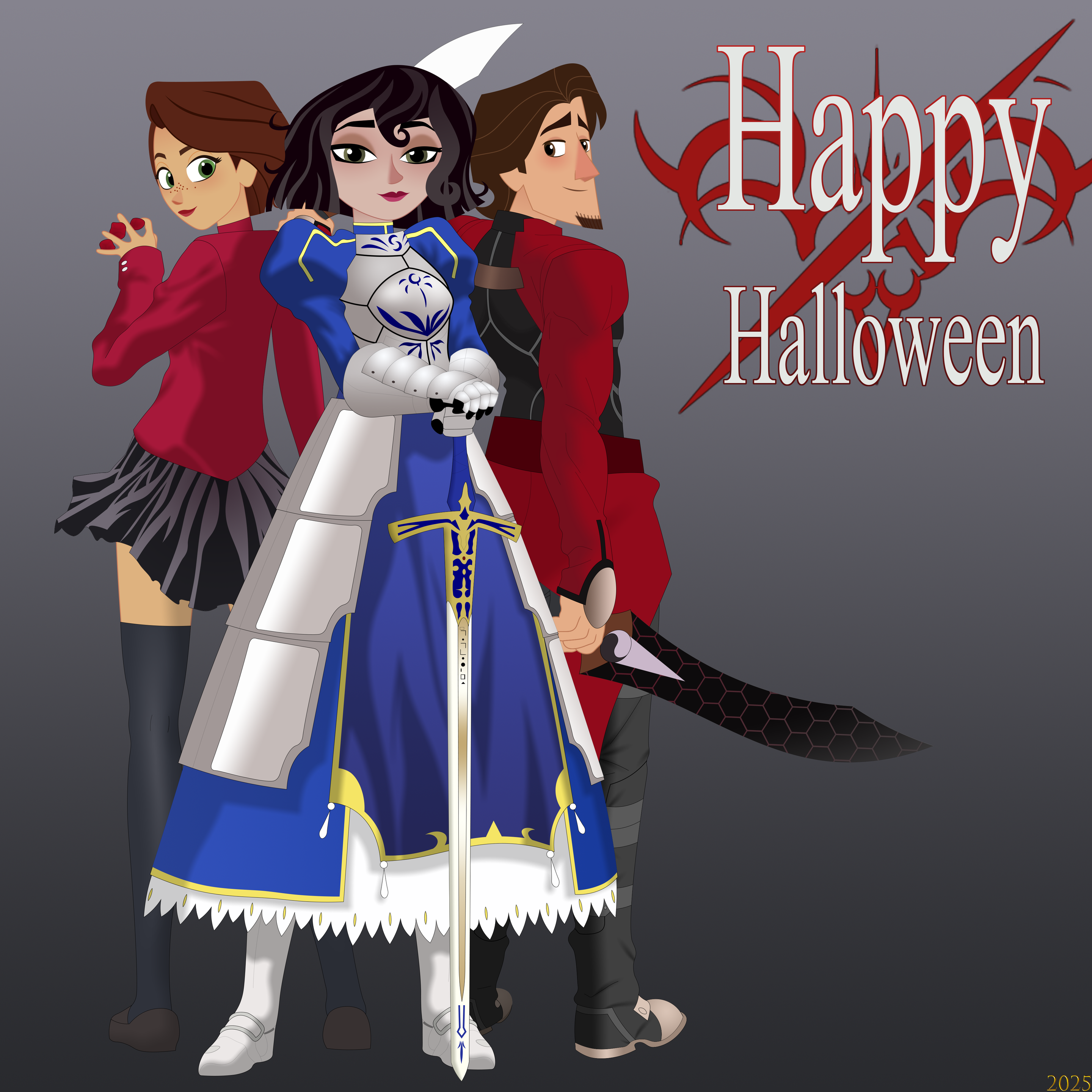 archer (fate), artoria pendragon (fate), cassandra (tangled), flynn rider, rapunzel (disney), saber (fate), tohsaka rin, fate/stay night, fate (series), absurdres, commentary, english commentary, highres, variant set, archer (fate) (cosplay), armor, armored boots, armored dress, black skirt, black thighhighs, blue dress, blush, boots, breastplate, brown hair, cosplay, dress, excalibur (fate/stay night), from behind, gem, gradient background, happy halloween, holding, holding gem, holding sword, holding weapon, jewelry, juliet sleeves, lipstick, long dress, long sleeves, looking at viewer, looking back, makeup, mehefin013, miniskirt, nose blush, puffy sleeves, red lips, red sweater, saber (fate) (cosplay), short hair, short sword, skirt, sweater, sword, thighhighs, tohsaka rin (cosplay), weapon