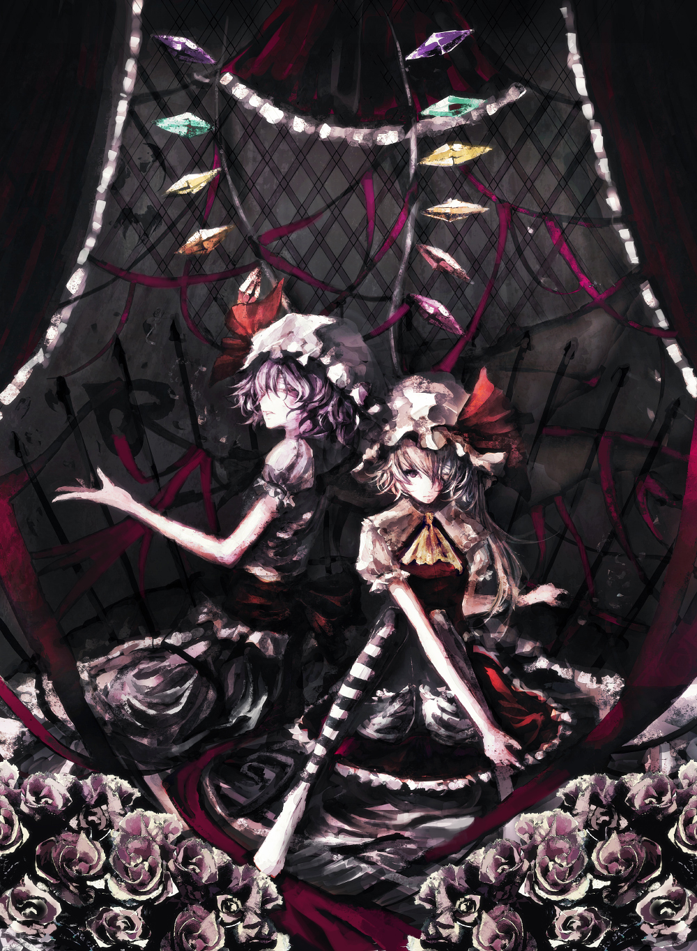 iori yakatabako, flandre scarlet, remilia scarlet, touhou, highres, 2girls, bat wings, blonde hair, female focus, multiple girls, purple hair, red eyes, short hair, siblings, side ponytail, sisters, wings