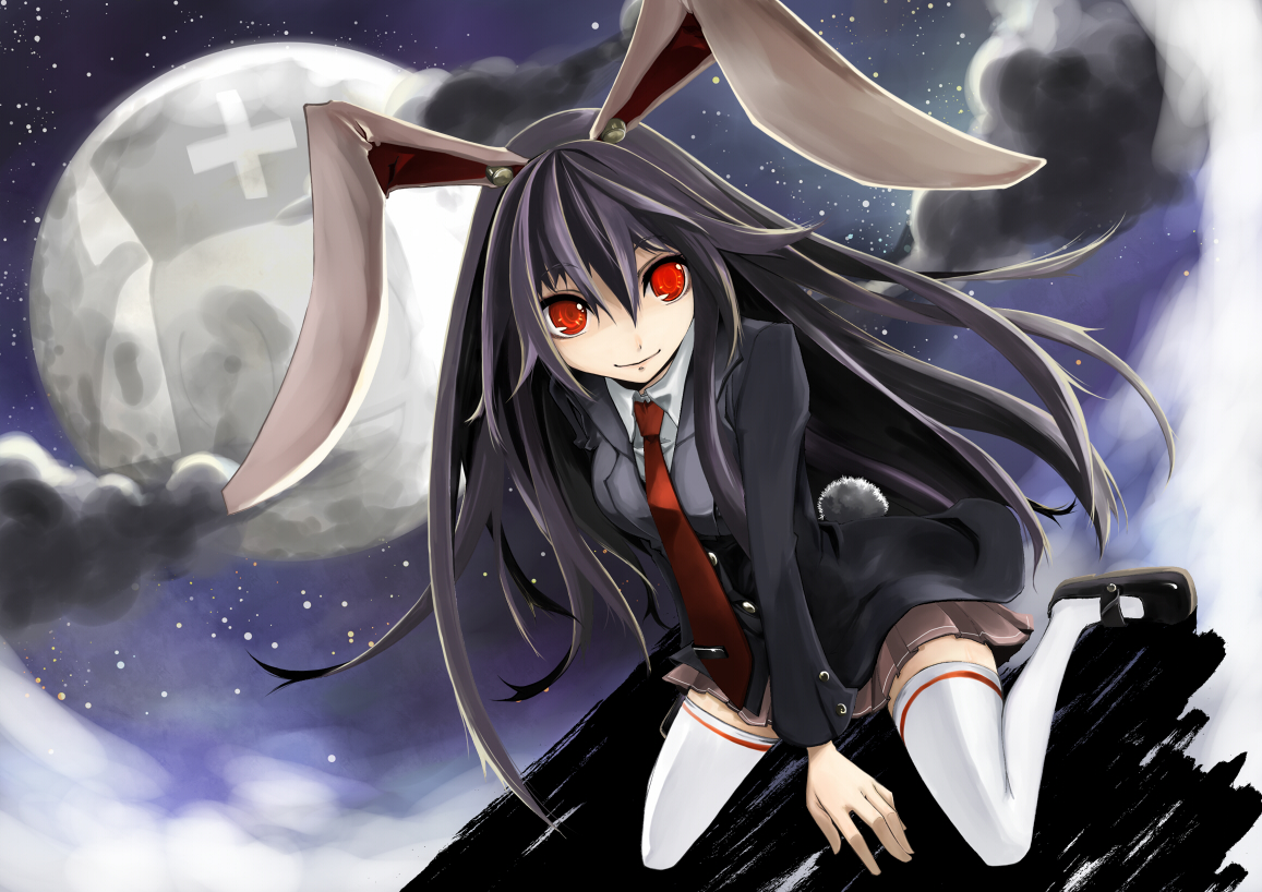 nino (shira), reisen udongein inaba, yagokoro, touhou, 1girl, animal ears, black shoes, buttons, cloud, female focus, long hair, moon, necktie, pink skirt, purple hair, rabbit ears, rabbit girl, rabbit tail, red eyes, red necktie, school uniform, shoes, sitting, skirt, smile, solo, tail, thighhighs, when you see it